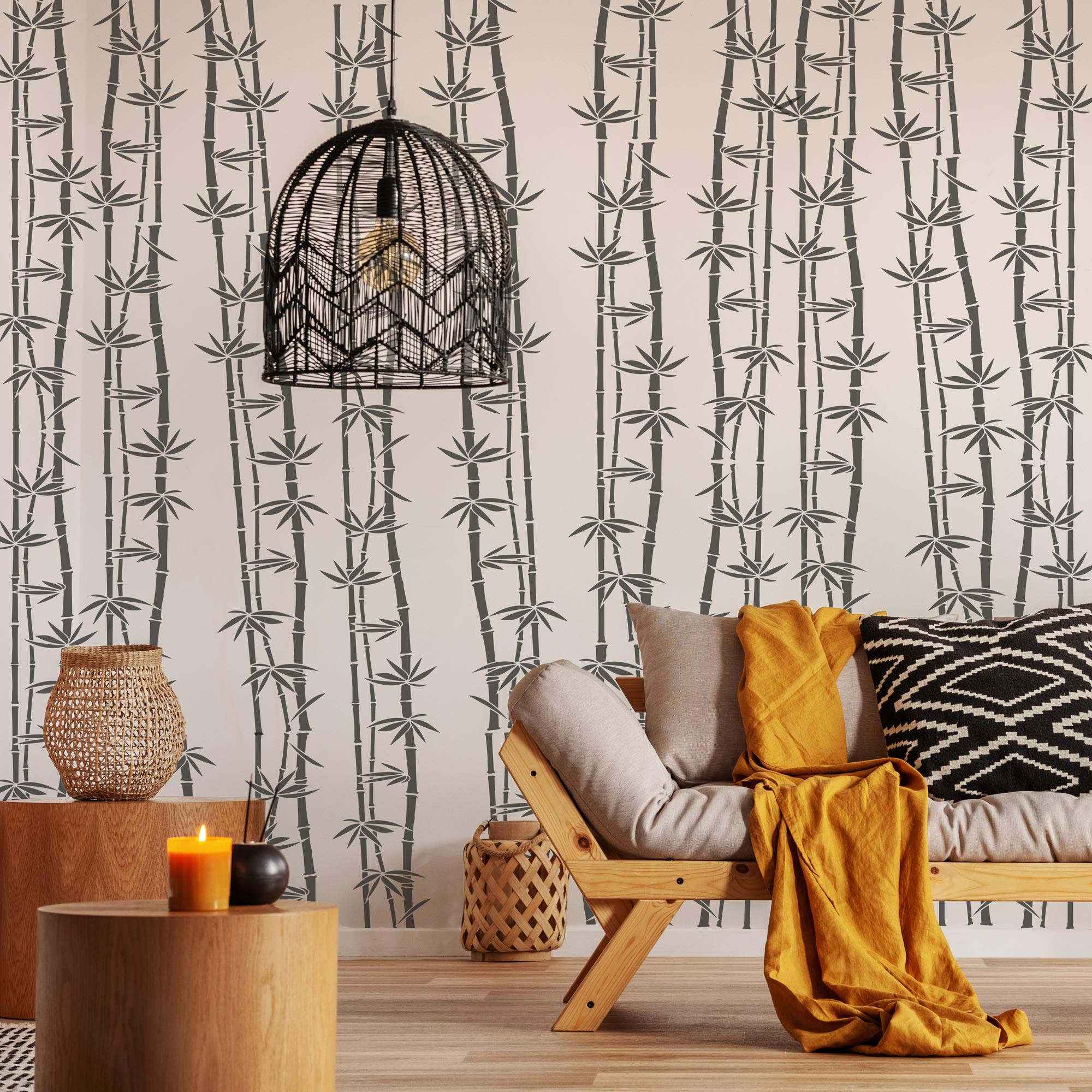 NAKLEO Bordüre Große Schablone zum Malen 45x95 cm, Bambus Blätter Blumen Ethnisch Muster, Kunstoff Wiederverwendbare Wandchablone, Handwerk DIY Dekoration, Stoff Möbel Holz Papier