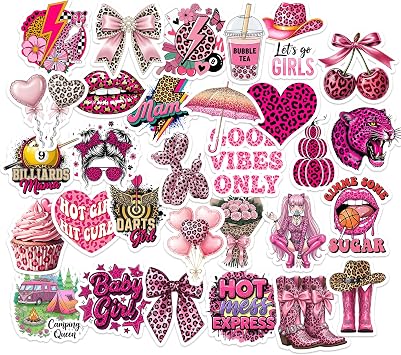 30PCS Pink Leopard Stickers Waterproof Vinyl Glam Sticker Pack with Bows, Boots, Cowgirl Hats, Cheetah Prints & Quotes for Laptop, Journal, Water Bottle, Scrapbook Cute Girly Aesthetic for Teens