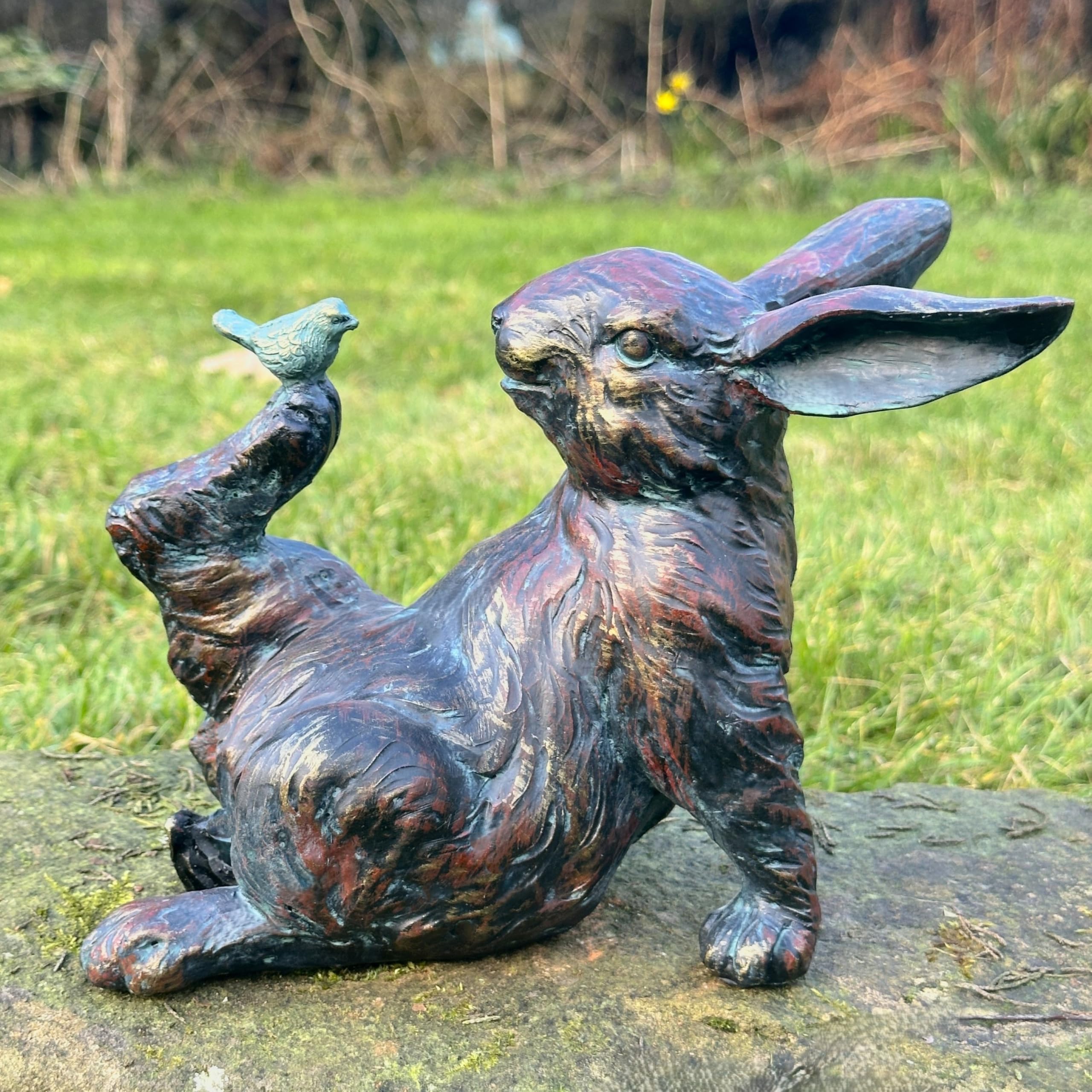 Animal Crackers Bronze effect Rabbit figurine, fun quirky garden ornament decoration, rabbit lover gift (Rabbit with Bird on Foot)