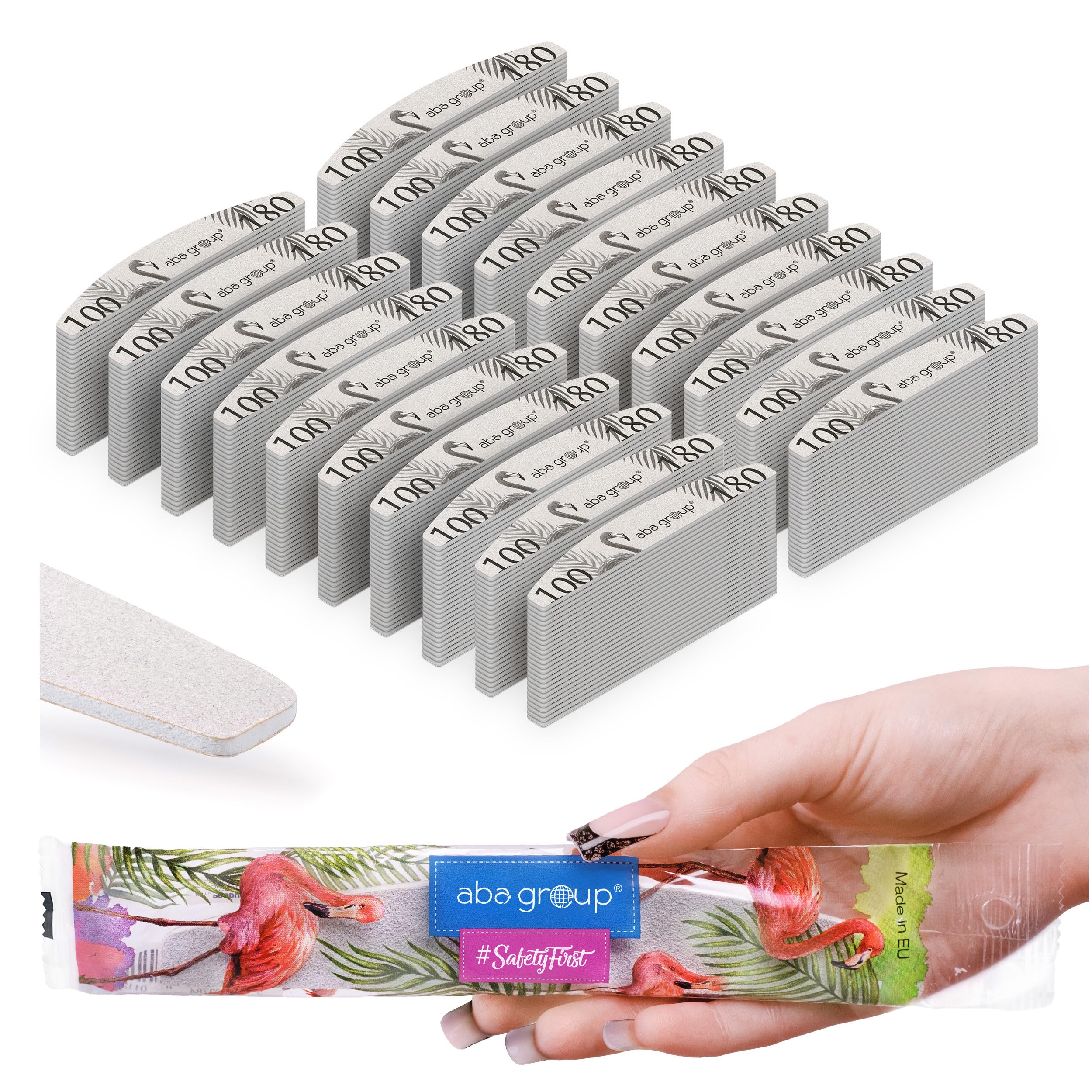 Aba Group Limas de uñas 100/180 media luna Slim Flamingo paquete seguro, alta calidad, desechable, juego de 500 unidades