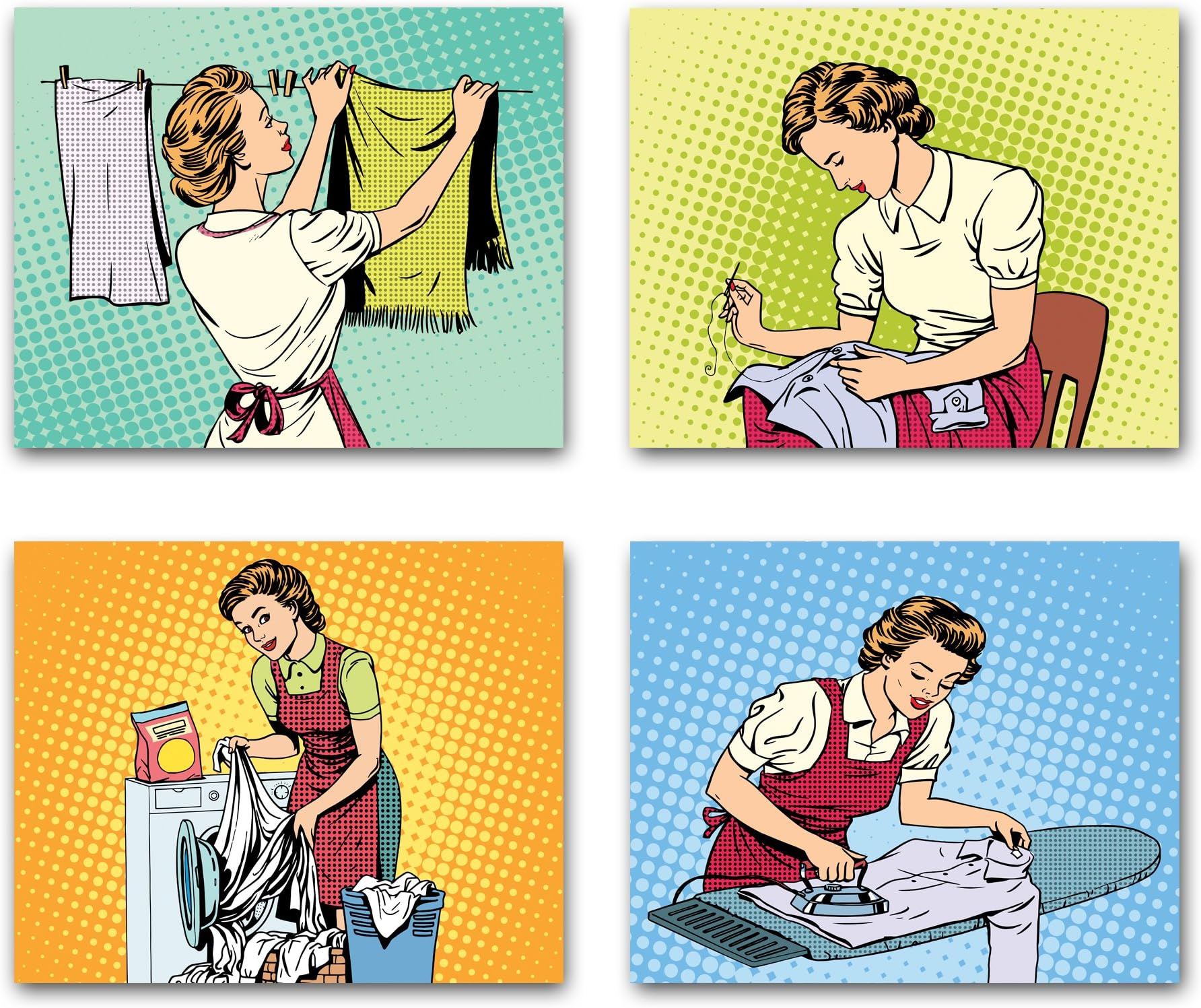 8x10 RETRO POP ART style wall decor posters. Set of 4 UNFRAMED housewife theme poster prints. Made in USA.