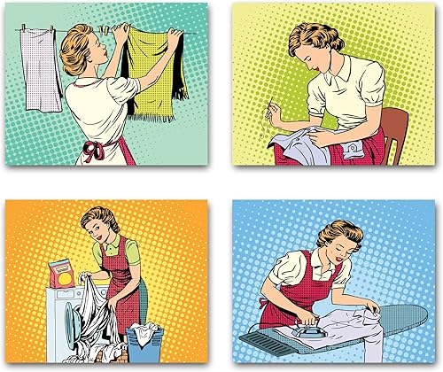 Pósteres de decoración de pared estilo retro pop art de 8 x 10 pulgadas. Juego de 4 carteles con temática de ama de casa sin marco. Fabricado en