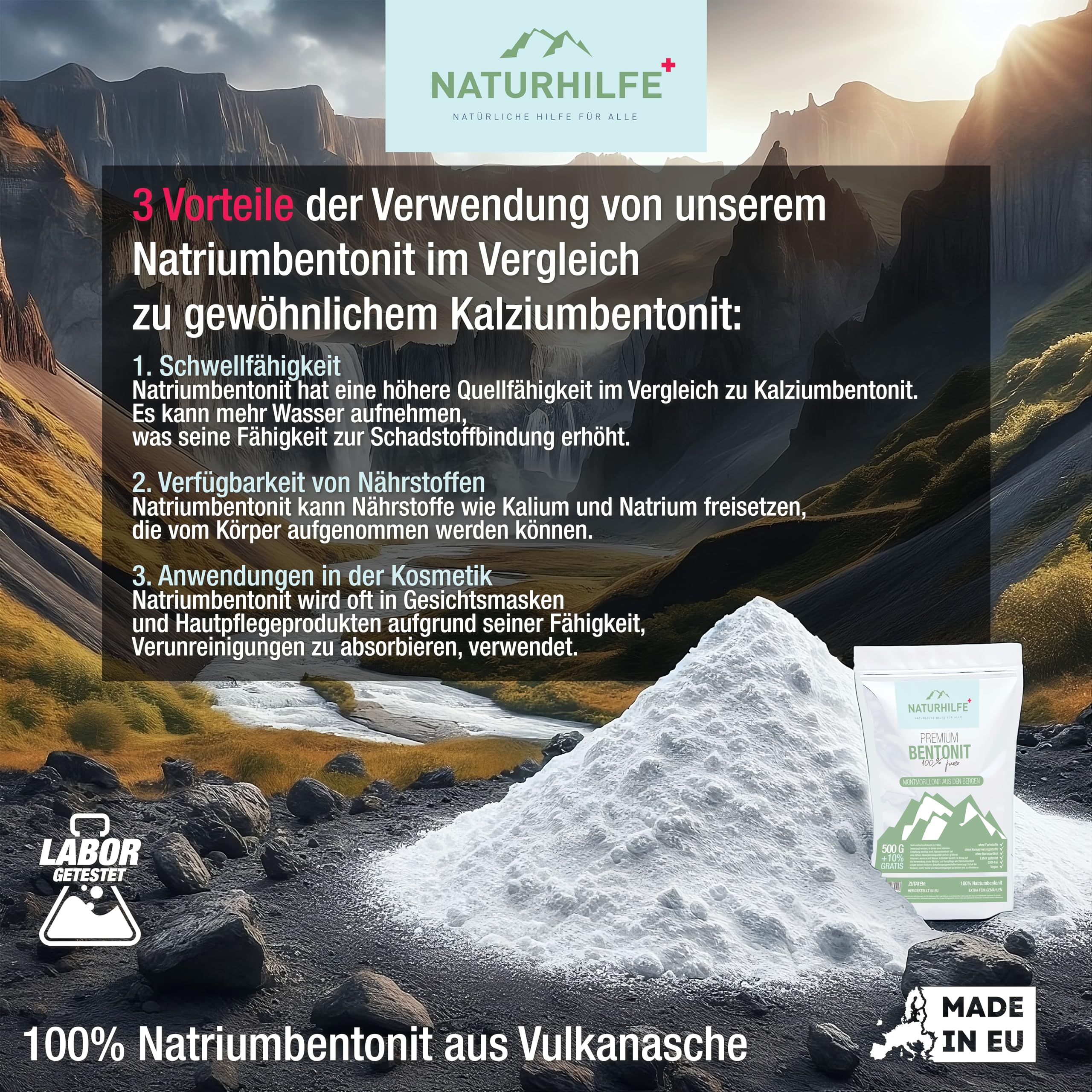 Bentonit w proszku 550 g - Testowana laboratoryjnie glinka mineralna Bentonit sodowy - Minerały wulkaniczne dla zdrowej skóry i detoksu - 100% czystości