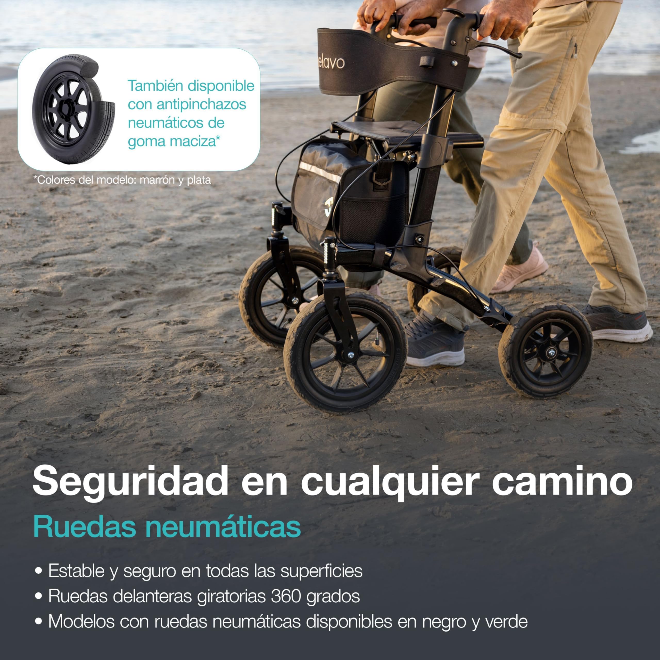 Helavo andador para exteriores con ruedas neumáticas - Andador para ancianos de aluminio plegable con asiento - Máxima movilidad y confort en exteriores