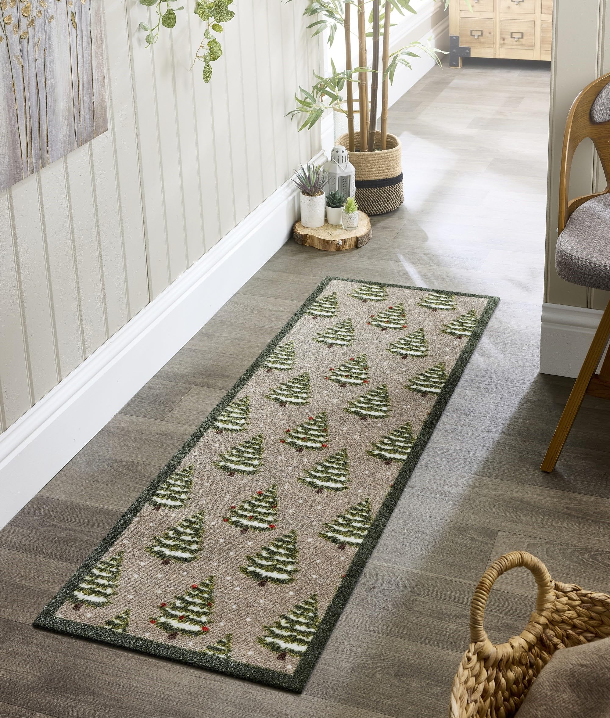 Washable Entryway Non-Slip Mat for Home Entrance Rug, Hallway Runner, Bathroom or Kitchen Easy Clean Durable Absorbent Stain Resistant Mud Mat My Winter Trees Beige Green, 50 x 150 cm (2'x5') — image 1