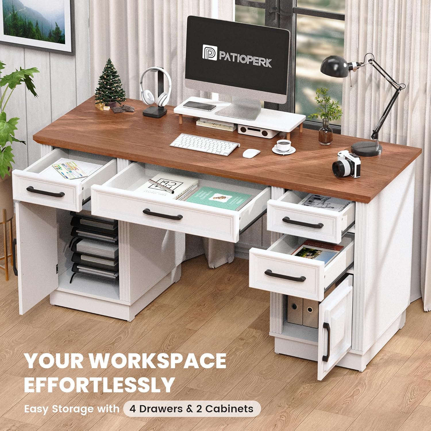 PatioPerk 58" Farmhouse Executive Desk, Wood Home Office Desk with Drawers, Computer Desk with Drawers and Storage Cabinet, Workstation for Office Home, White
