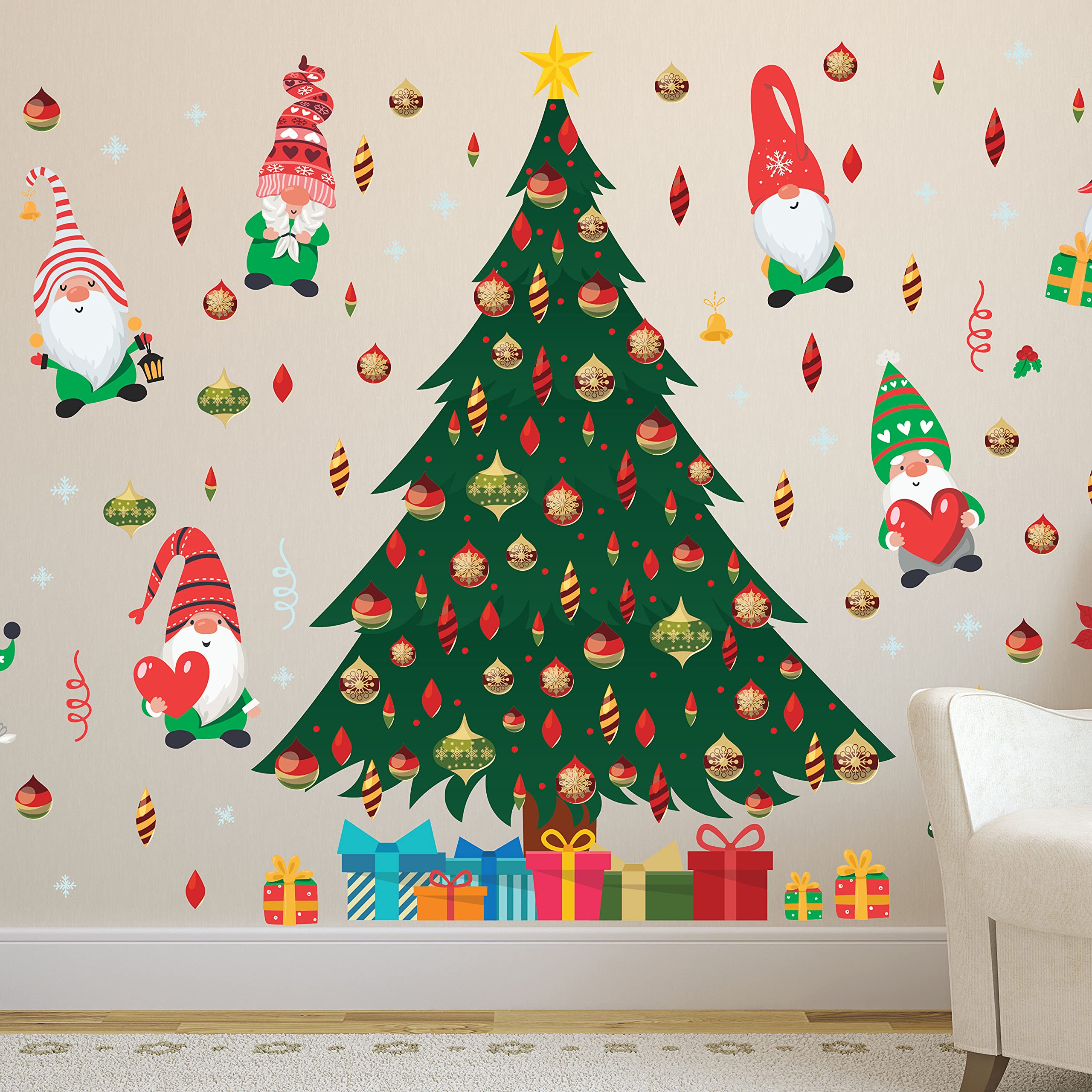 WALPLUS 140x200cm Christmas Combo Decorations Wall Stickers Merry Gnomes Around The Tree Wall Art Window Display Clings Display Decals Living Room Home Living Room Bedroom DIY Gift - Image 3