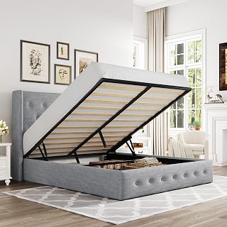 Allewie light gray button-tufted queen lift-up storage bed