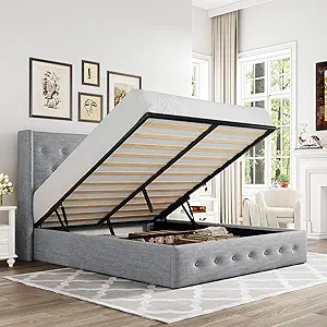 Allewie Full Size Lift Up Storage Bed, Button Tufted Headboard with Wingback, Hydraulic Support, No Box Spring Needed, Light Grey