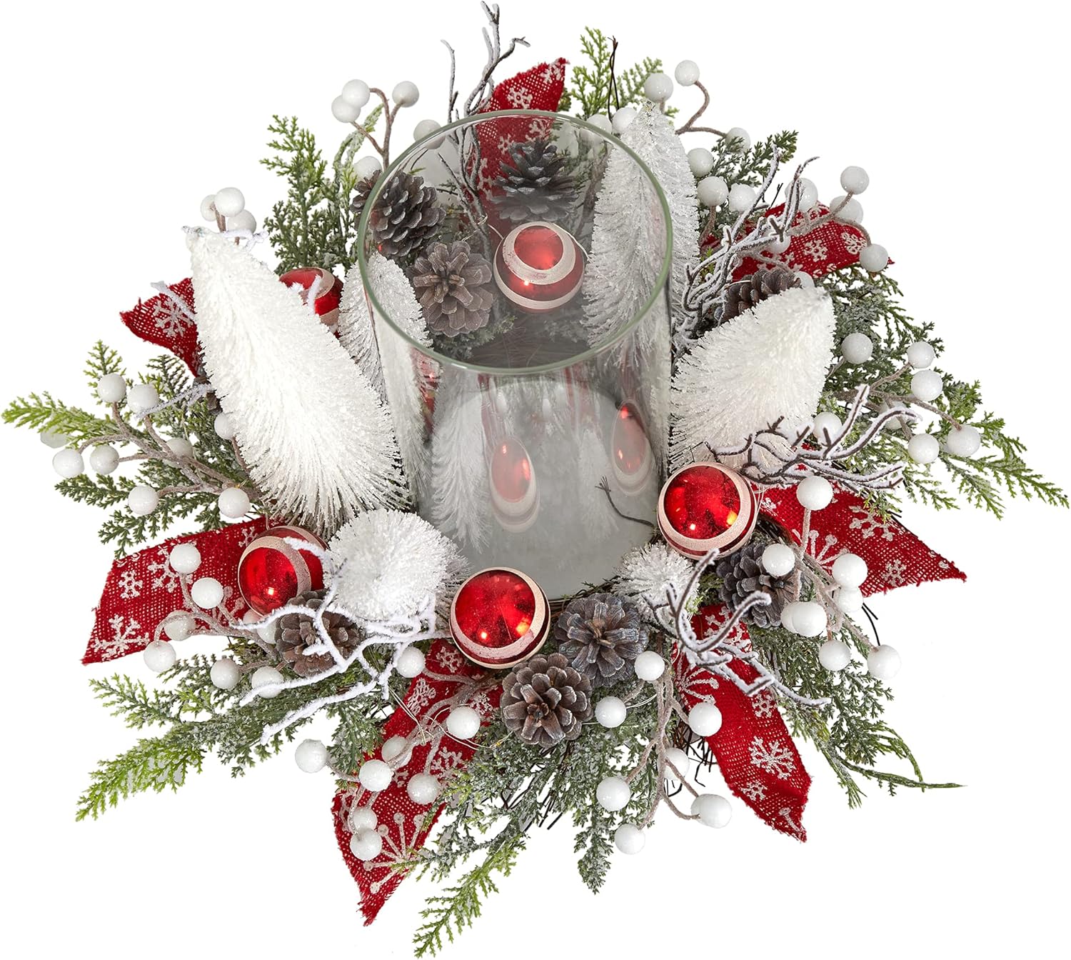 Nearly Natural 15in. Holiday Lighted Forest Candle Holder Table Christmas Artificial Arrangement