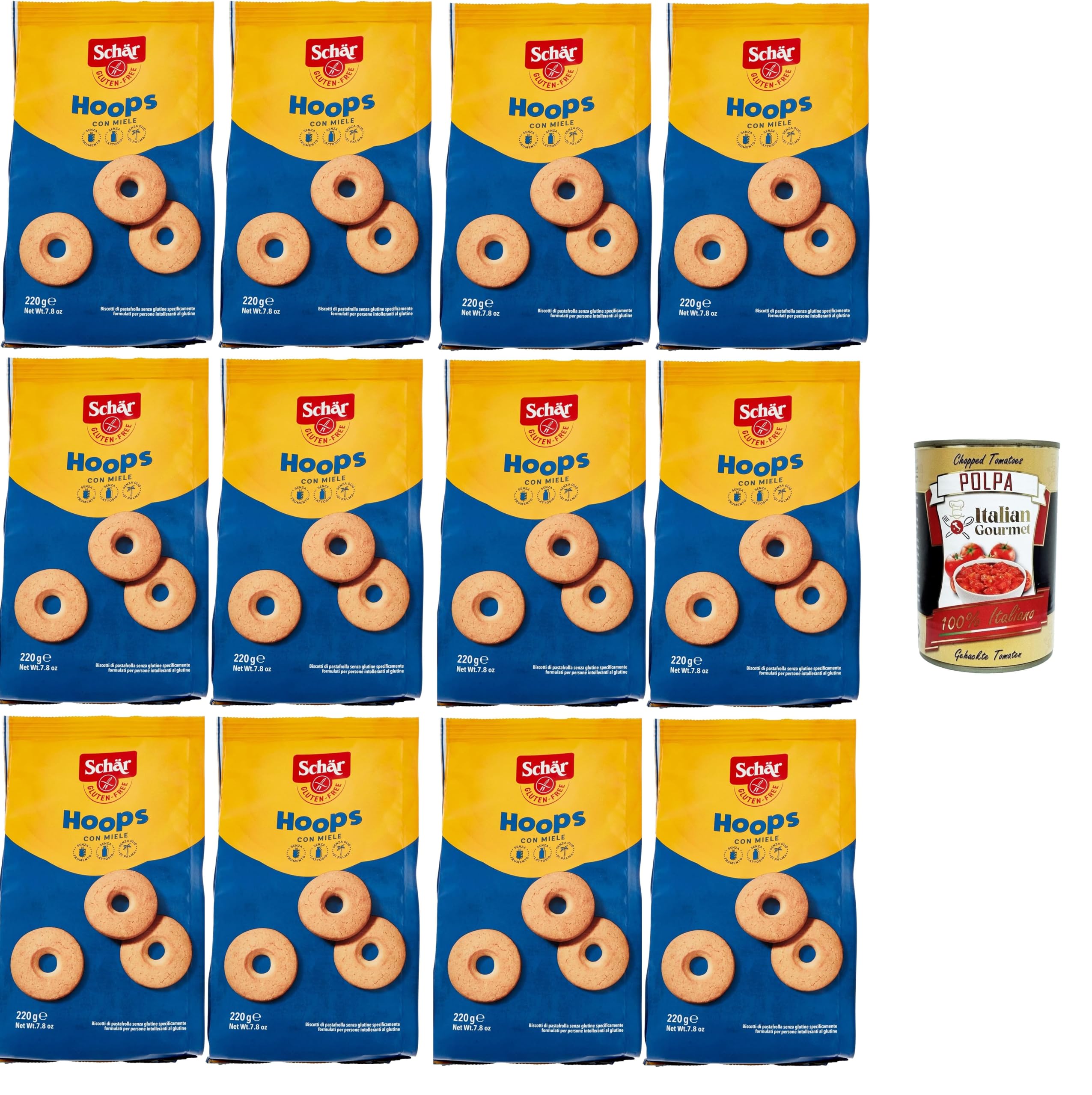 Italian Gourmet Schär Italian Gourmet Hoops biscotti senza glutine 12 x | Anelli dolci da inzuppo; glutenfrei, zart gebacken, ideale pausa per, Gesamtnettogewicht 2,4 kg + Kostenlos Polpa 400g