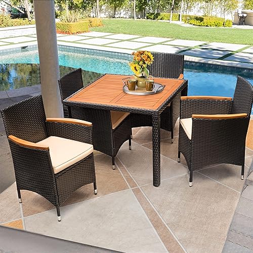 Miniatura 6 de Flamaker Juego de comedor de 5 piezas para patio, mesa y sillas de madera de acacia al aire libre con cojines suaves, muebles de patio de mimbre