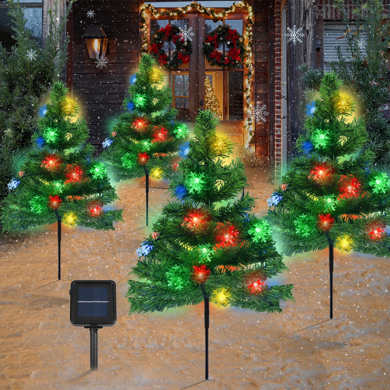 Ninonly Árbol de Navidad con Luces Solar, 4 Piezas Decoracion Navidad con 80 LED Guirnalda Luces de Copo de Nieve, Luces Solares Exteriores de Navidad, Jardín Decoración para Navidad Patio