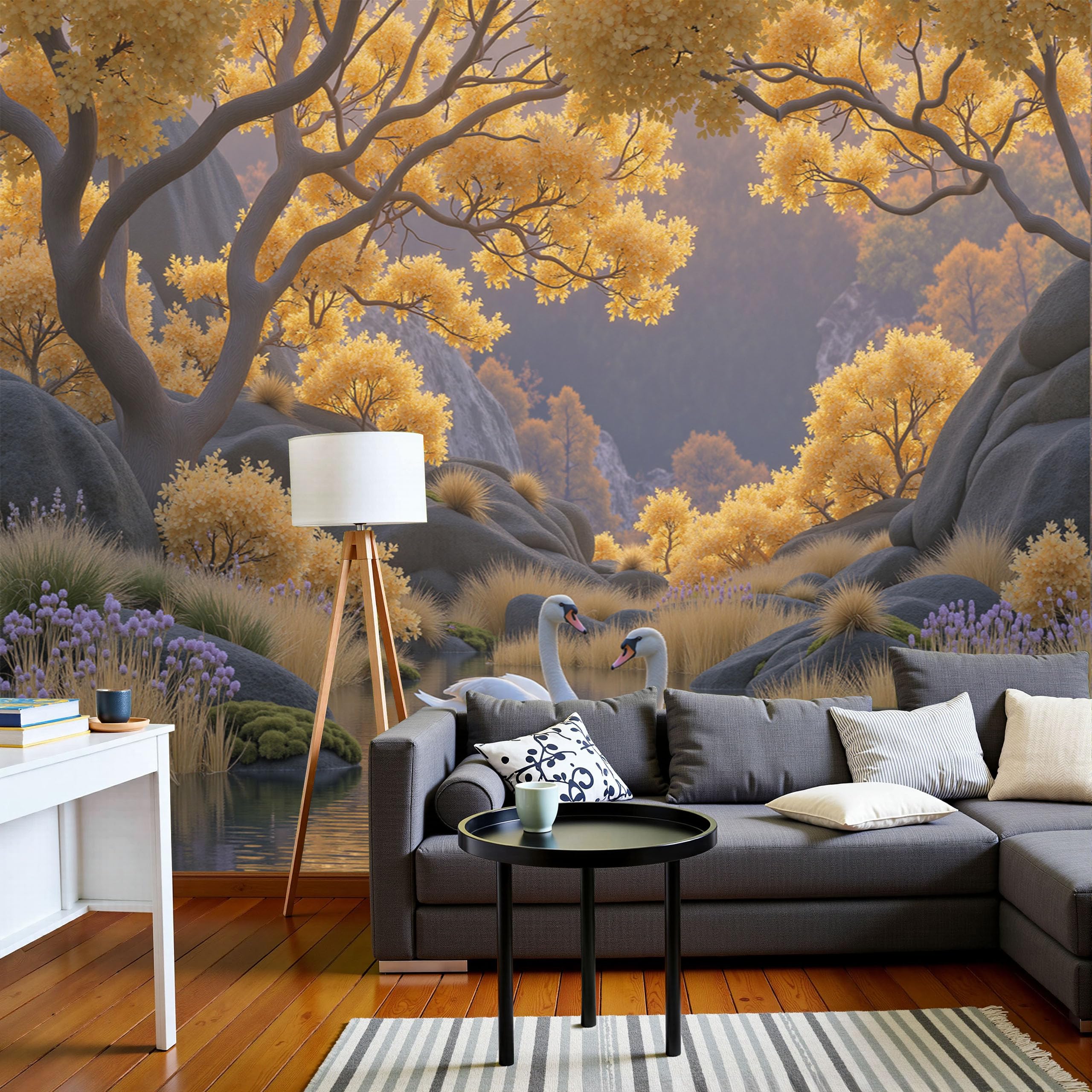 Papier peint panoramique cygnes bruns paysage d'automne 200x140cm
