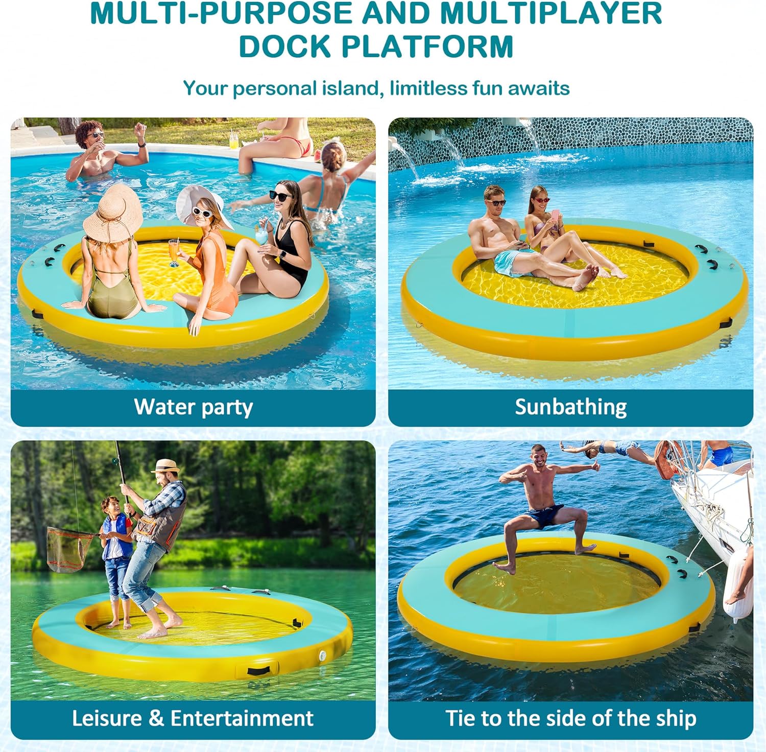 8 FT Round Floating Ring Inflatable Water Hammock with Detachable Ladder Heavy Duty River Pool Floats Lake Raft for Adults Tanning Pool Lounger Float Island Platform for Family and Friends