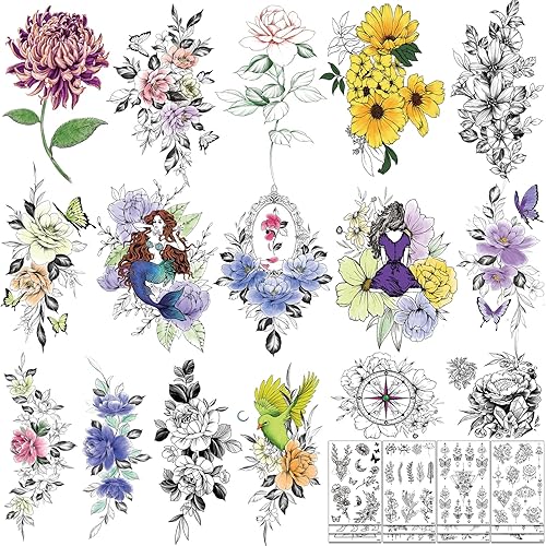 Aresvns Flores de tatuaje temporales para mujer, 30 hojas, rosas de tatuaje falsas realistas, impermeables y duraderas, regalo del día de San