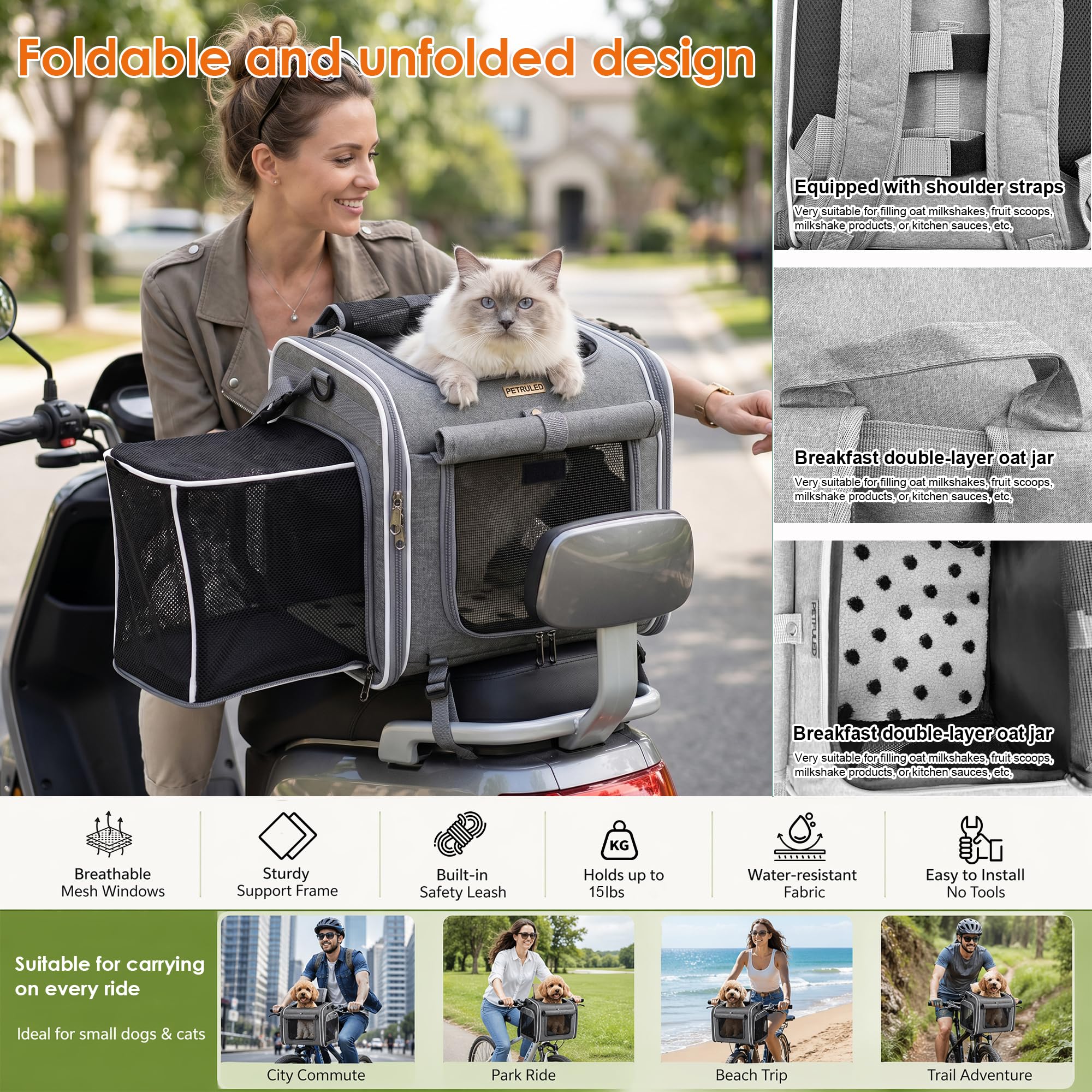 Hundefahrradkorb, Erweiterbarer, Weicher Fahrradtransportrucksack mit 4 Mesh-Fenster, 4 Offenen Türen für Kleine Hundekatzenwelpen