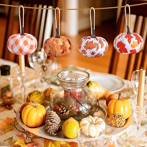 Vista 5 de Wehhbtye 12 adornos colgantes de calabaza de Acción de Gracias, hoja de arce envuelta en tela de calabaza, bola de calabaza de búfalo naranja