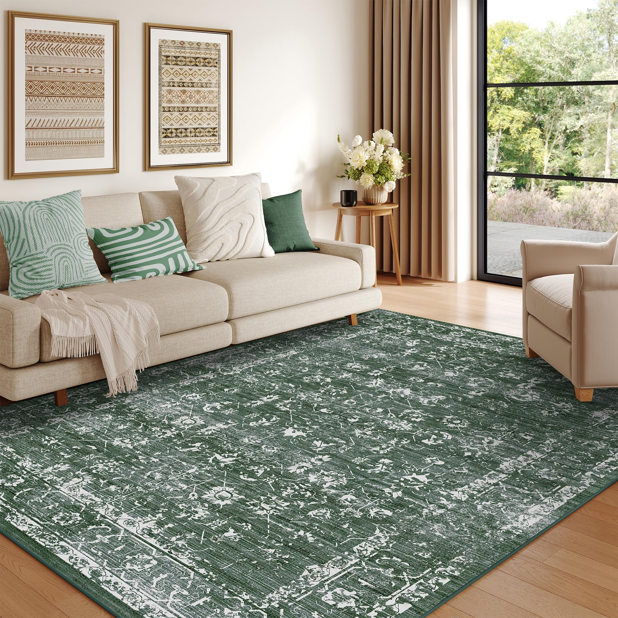 View 1 of ***FACTORY SEALED***ARKIIKI 8x10 Dark Green Washable Area Rugs for Living Room, Neutral Boho Carpet
