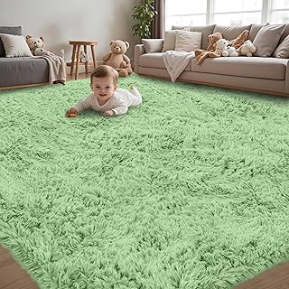 8x10 Area Rug for Living Room:Ultra Soft Fluffy Shag Light Green Rugs,La...