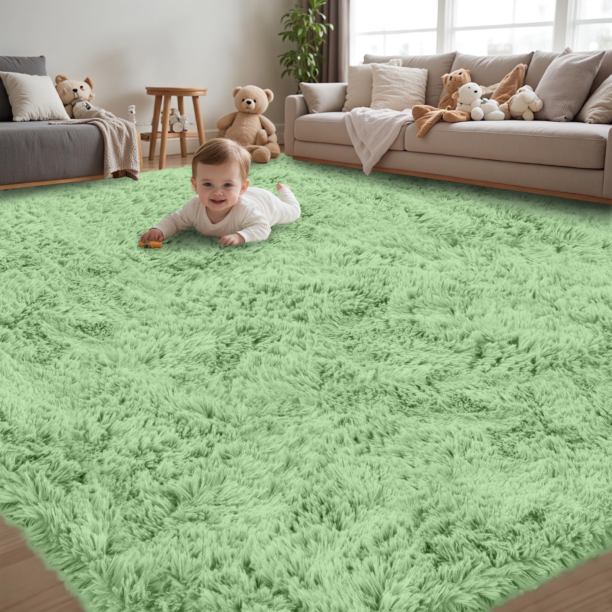 Xafir Fluffy Shag Light Green Rug