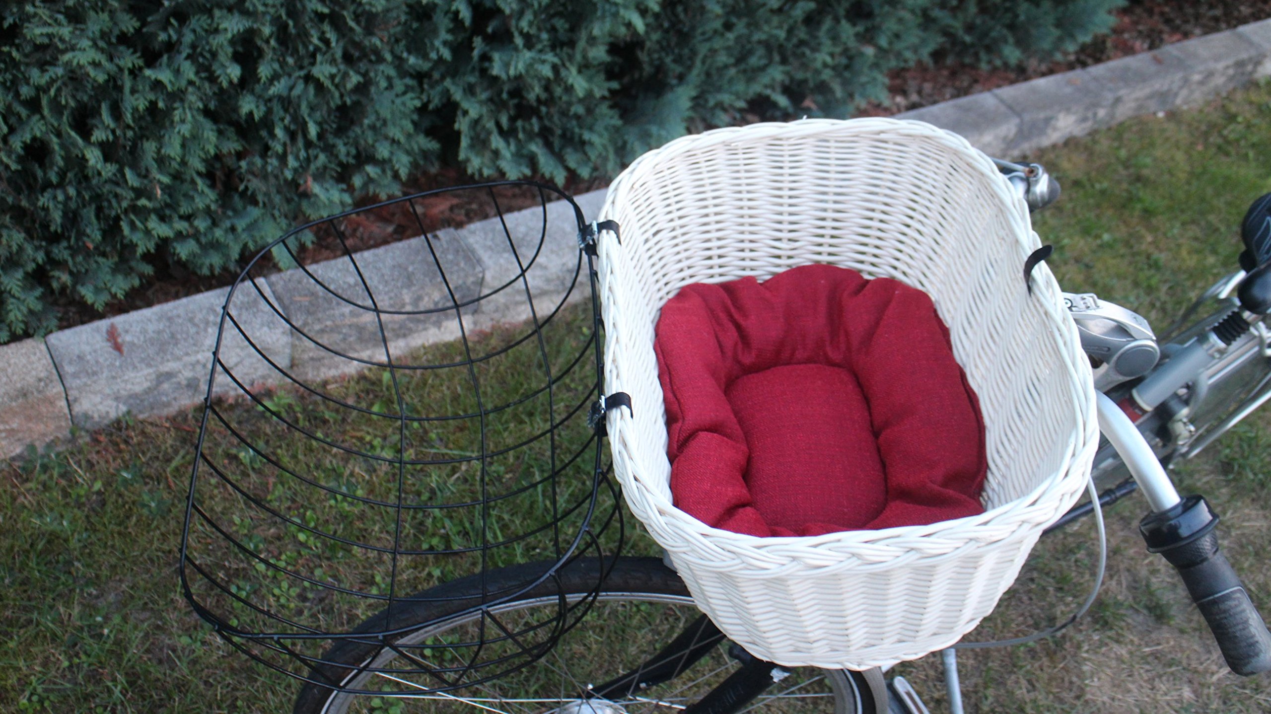 Hundefahrradkorb für Fahradlenker aus Weide mit Metallgitter und Kissen L, XL oder XXL weiß (XL mit Kissen)