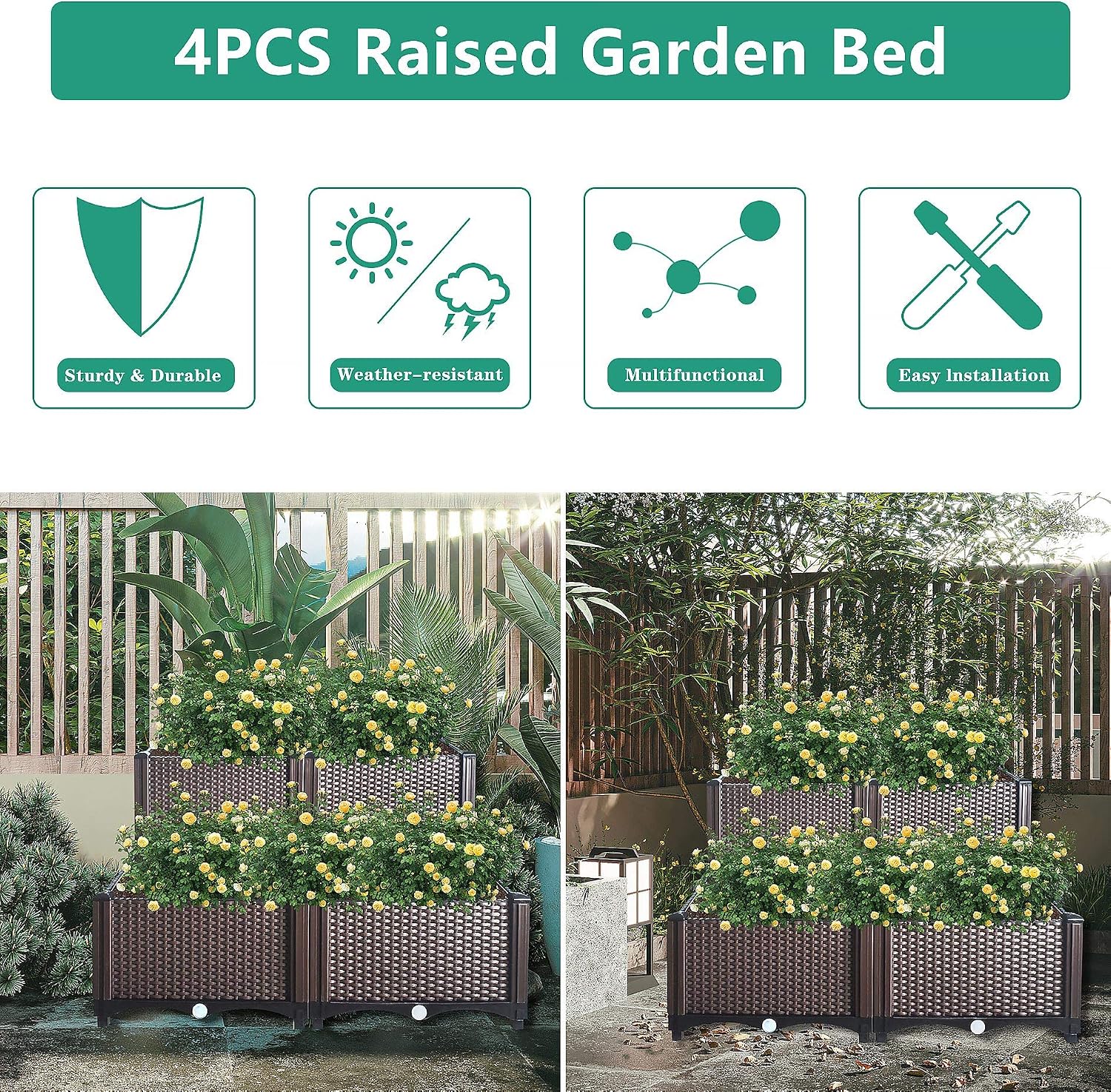 Elevated Plastic Raised Garden Bed Planter Kit DIY Plastic Rectangular Plant Containers Fit for Indoor Outdoor Vegetables Herbs Flowers Growing Planter Box Brown Set of 4