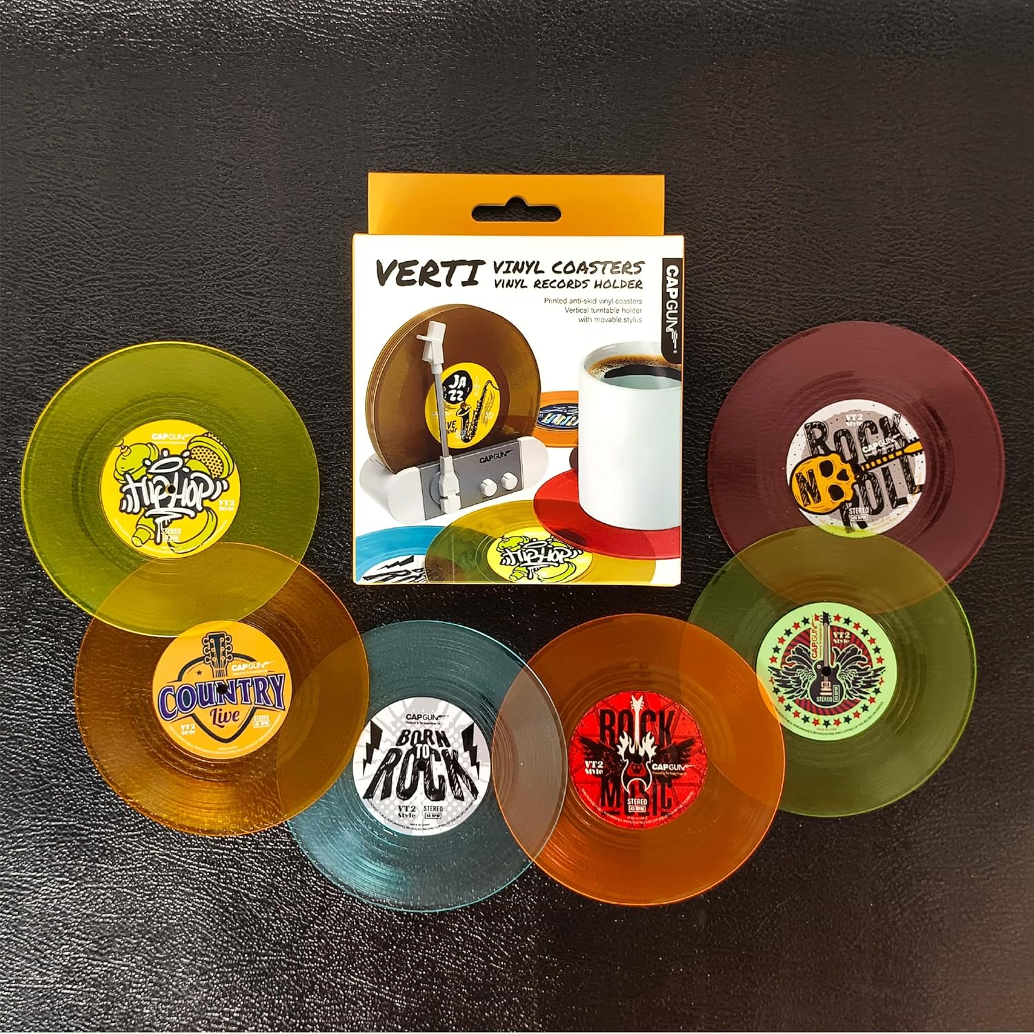 Funny Retro Vinyl Record Coasters, Creative Drink Coasters Set of 6 with Vinyl Record Player Holder for Music Lovers, Housewarming Hostess Gifts (6, V4) - Image 4