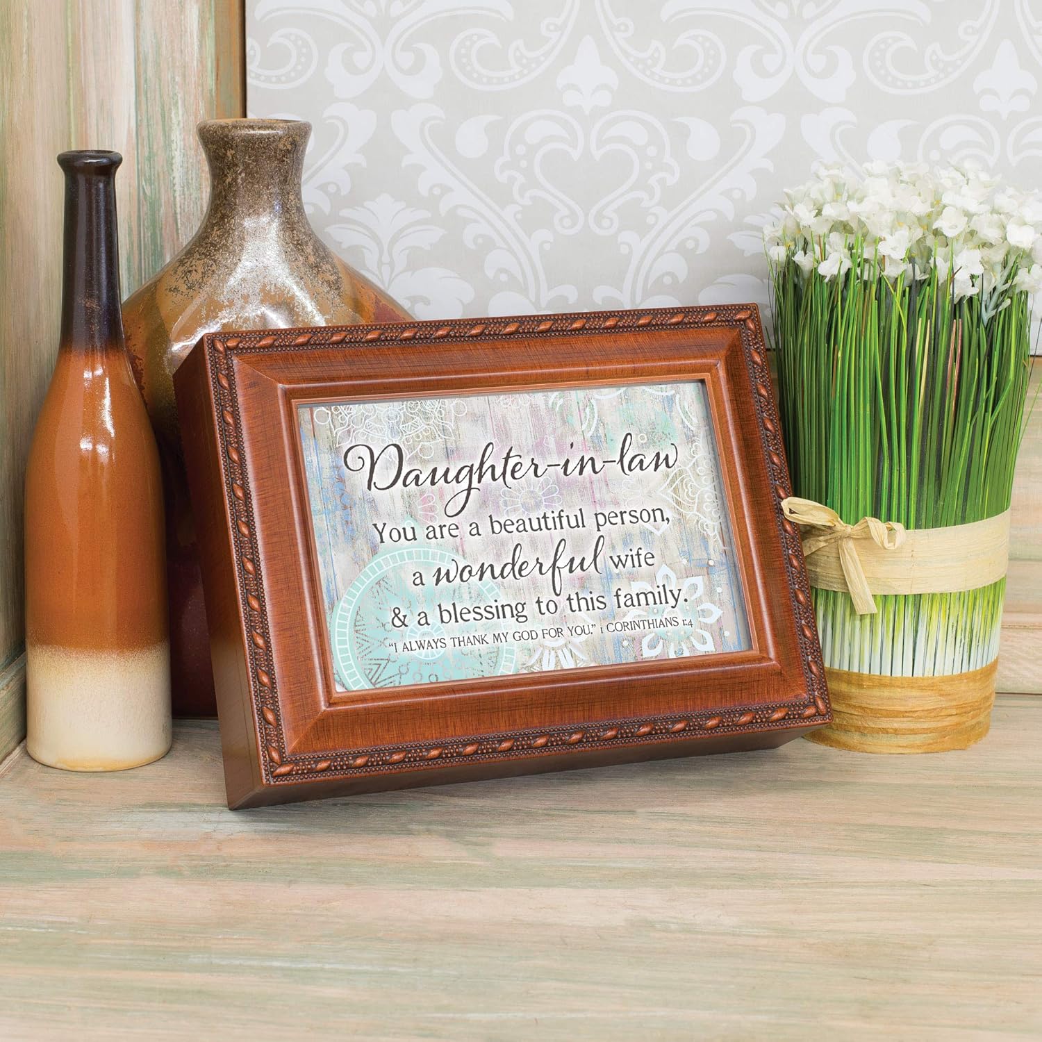 Cottage Garden Daughter-in-Law Blessing Woodgrain Rope Trim Music Box Plays Friend in Jesus