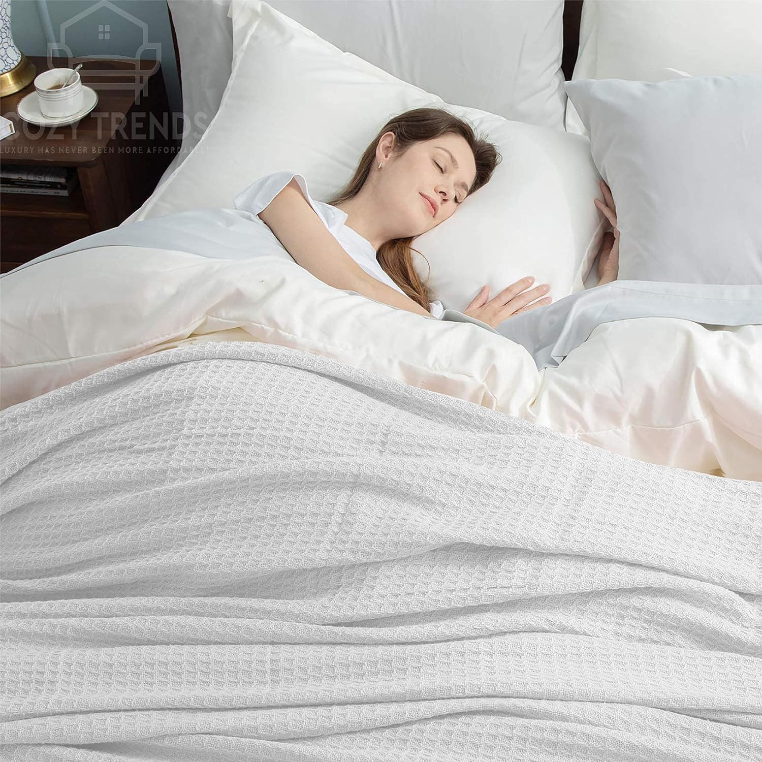 Luxurious Combed Cotton Waffle Weave Super Soft, Cozy Warm, Breathable, Light Weight, Stylish, All Season Thermal Blankets Twin/Full/Queen/King (White, Twin)