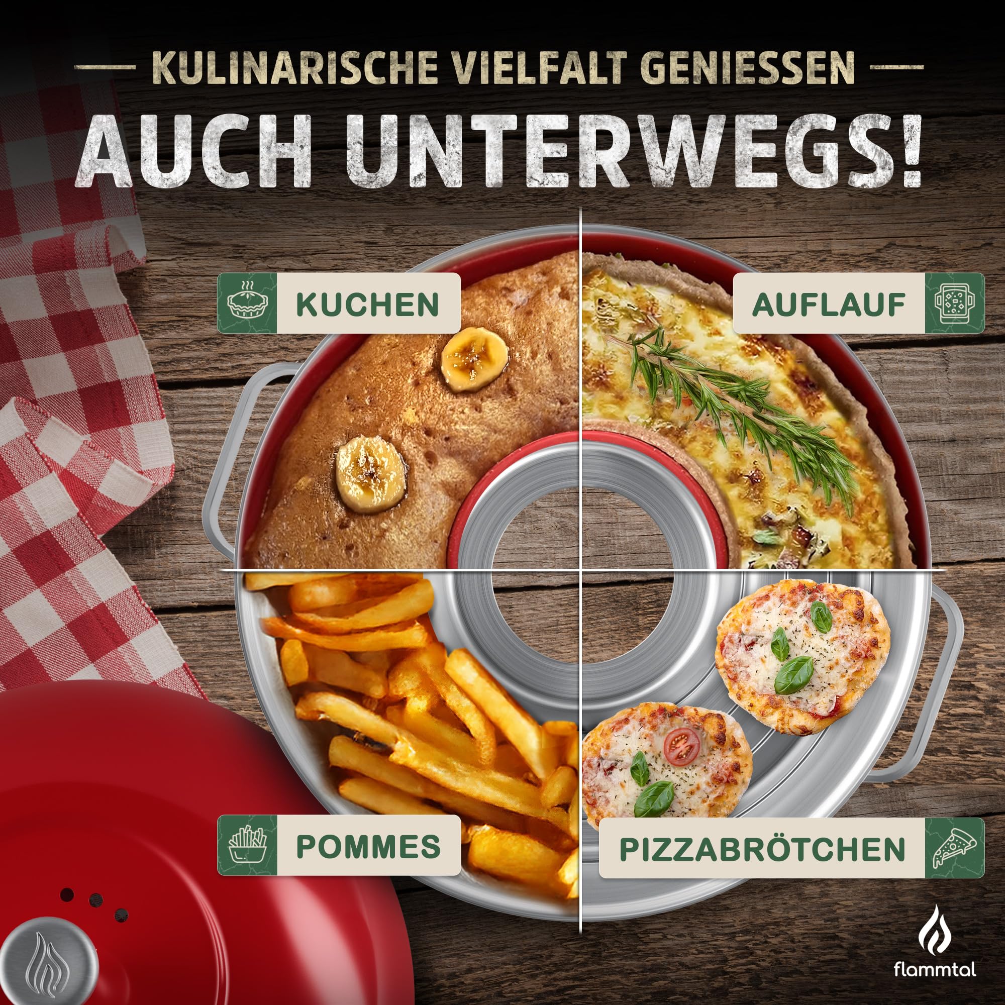 flammtal Camping Backofen Stove - Backofen Set inkl. Silikonform, Aufbackgitter, Tragetasche & Rezeptbuch - Backofen Camping mit regulierbarer Hitze - Campingbackofen für Gaskocher & Gasherd