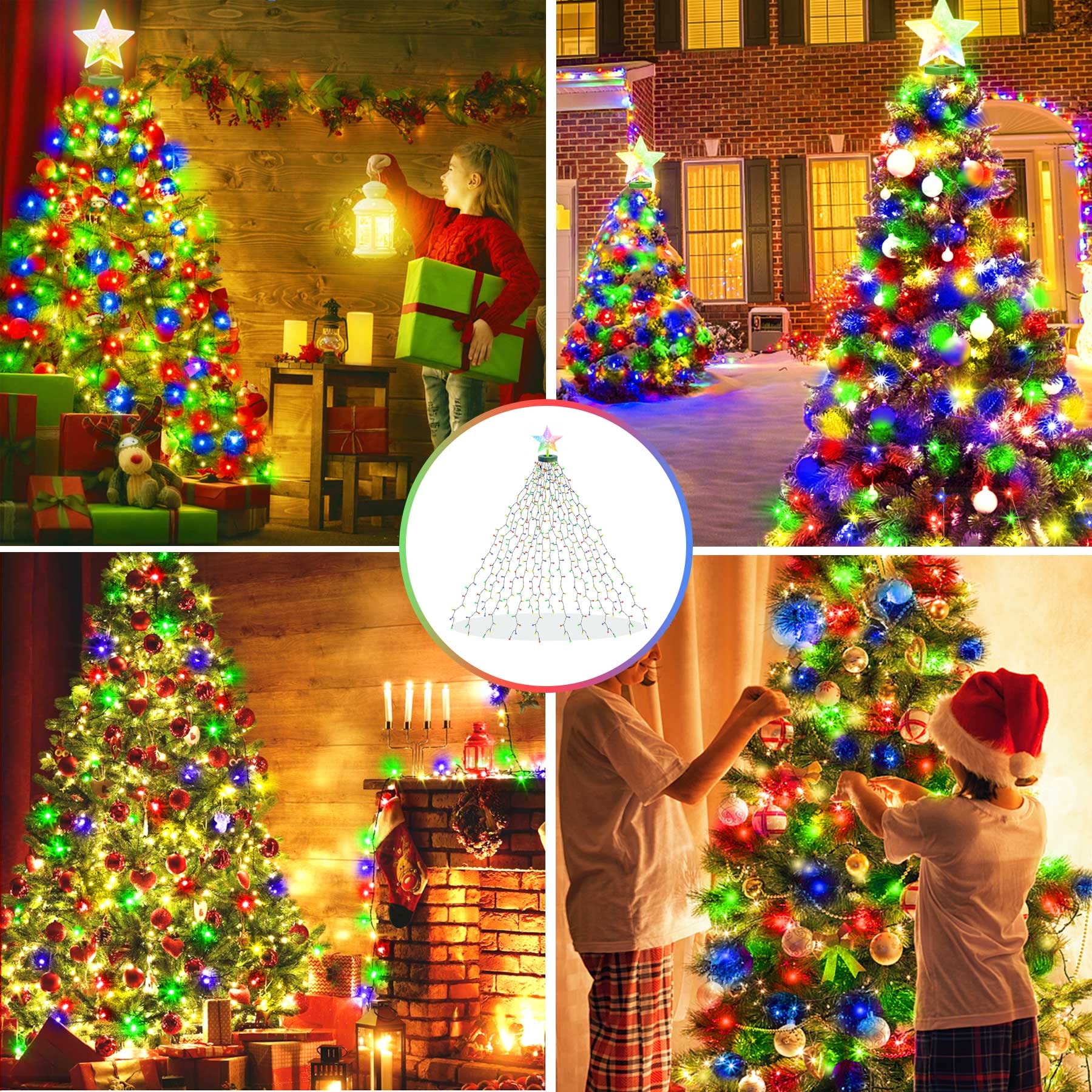 aneeway Luci per Albero di Natale con Stelle Multicolore,2M*16Catene Luminose dell' Albero Natale 410LED Luci Albero di Natale Anelli Ghirlanda Luminose Impermeabile per Albero Natale Esterno Interno