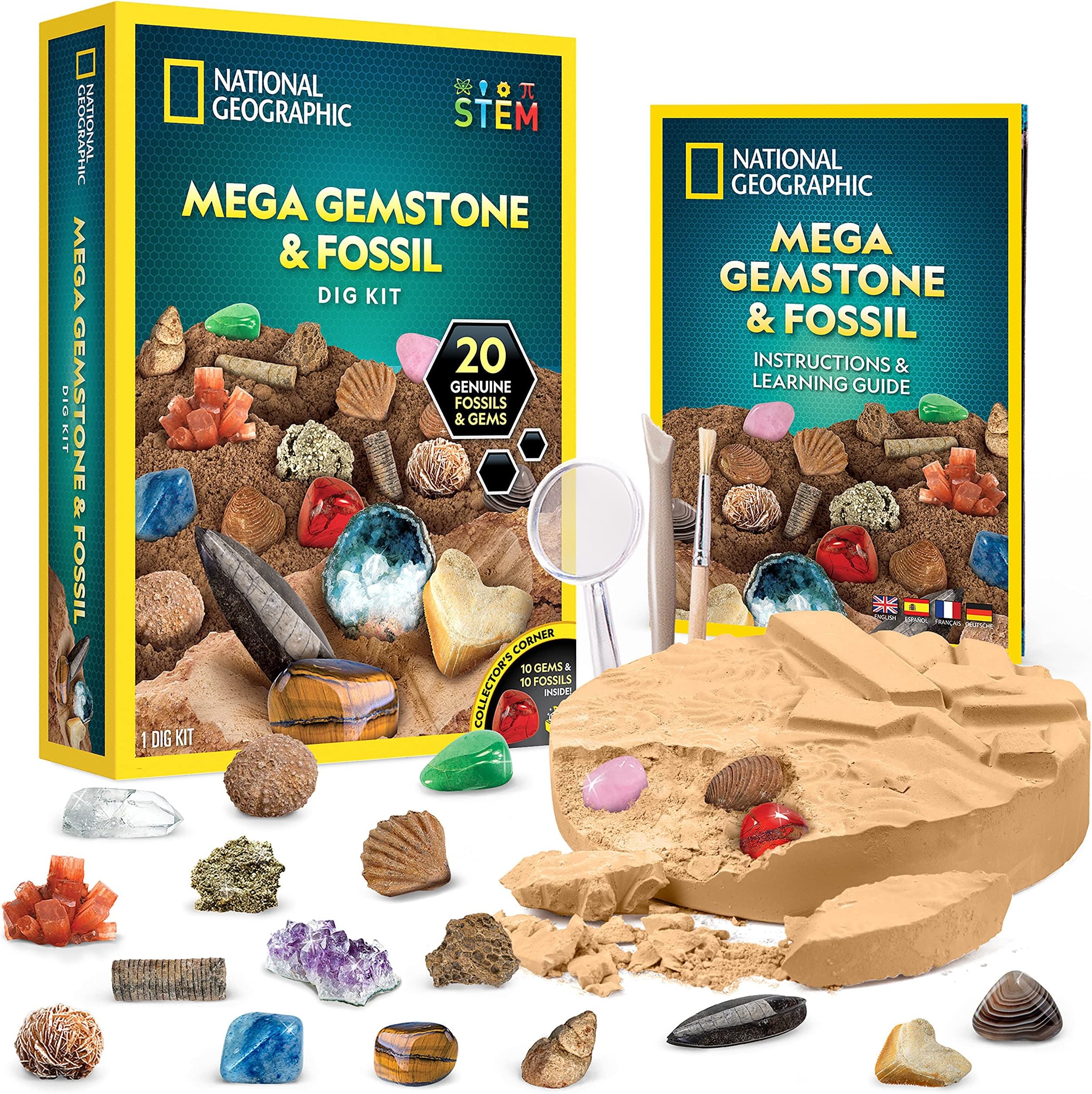 National Geographic Mega Fossil and Gemstone Dig Kits - Excavate 10 Real Fossils and Gems