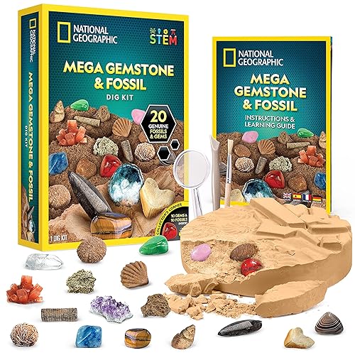 National Geographic Mega Fossil and Gemstone Dig Kit - Excavate 20 Real Fossils and Gems, Science Kit for Kids, Rock Digging Excavation Kit, Geology Gifts for Boys and Girls