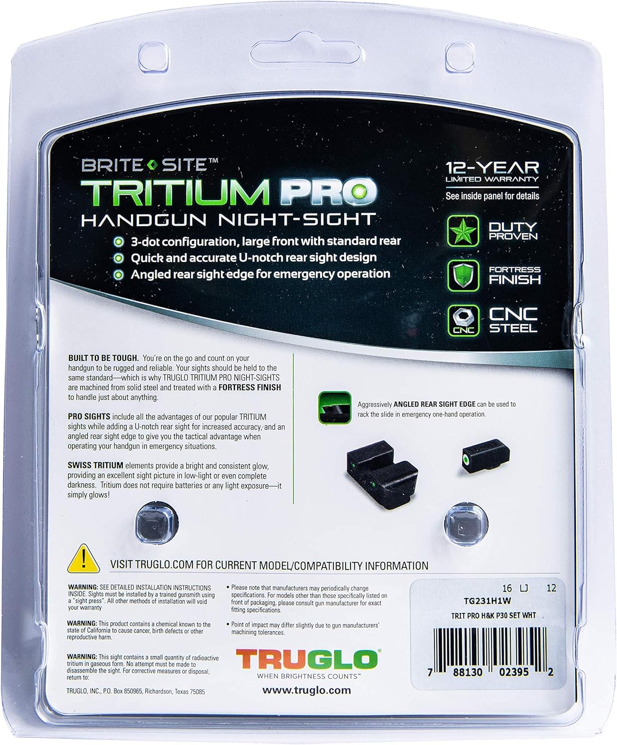 TRUGLO Tritium Pro H&K P30 Set Night Sight, White, Black, One Size : Sports & Outdoors