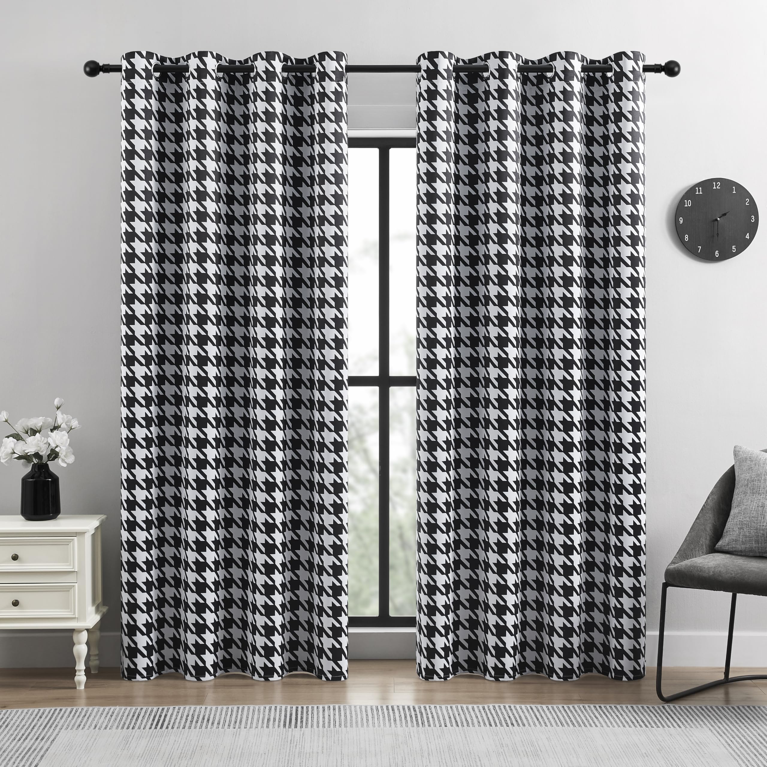 BOHOMOCASA Black and White Houndstooth 100% Blackout Curtains for Bedroom/Living Room, Energy Saving & Privacy, Noise Control, Grommet, W52×L96, 2 Panels — image 1