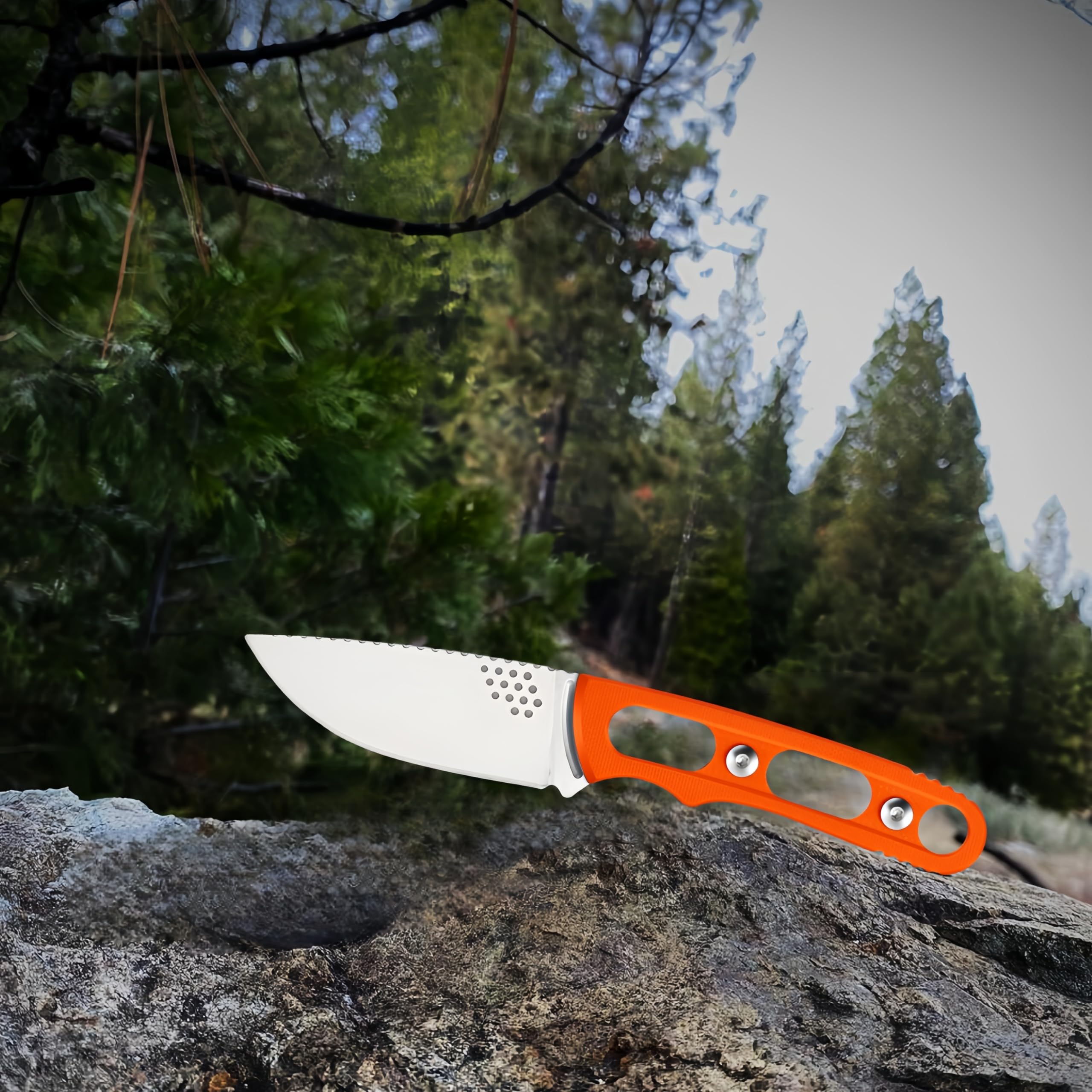 Coltello a lama fissa compatto leggero con fodero in pelle di vacchetta - Ideale per scuoiare, campeggio, attività all'aperto - Coltello a lama fissa EDC Bushcraft (Arancione)