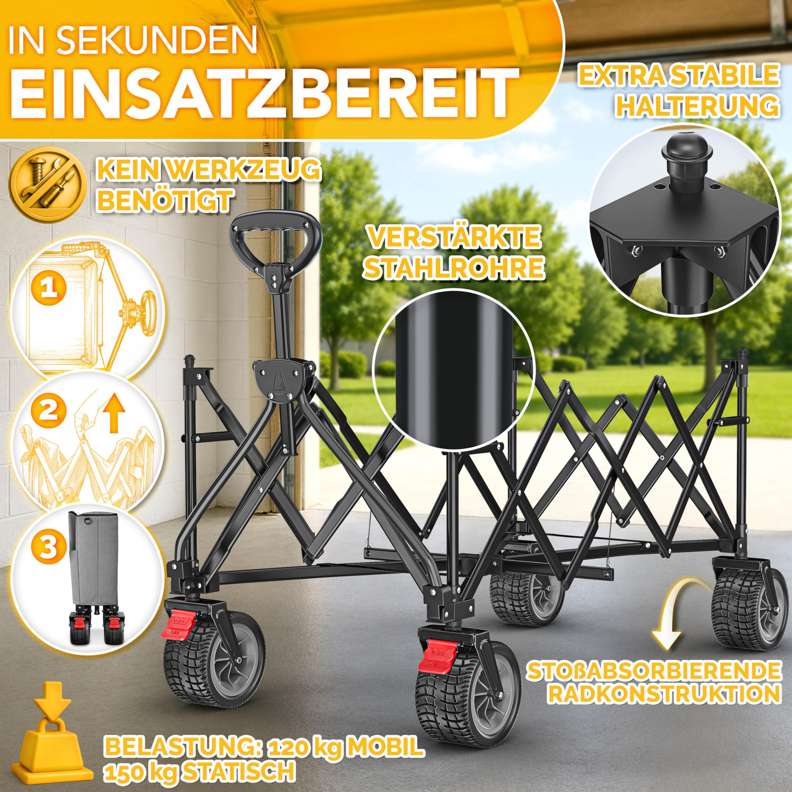 TRESKO® Bollerwagen faltbar 300L mit Bremse | Handwagen klappbar 150kg inkl. Vollgummireifen | Faltbarer Strandwagen Extra Breite All-Terrain-Räder | Transportwagen mit Tragetasche (Grau)
