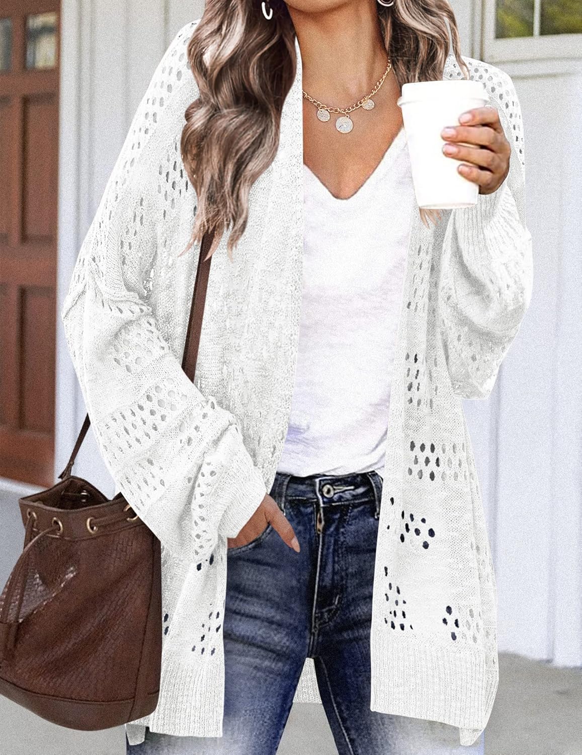 HOTOUCH Lightweight Crochet Cardigan for Women Long Sleeve Open Front Knit Oversized Cardigans Sweaters - Image 2