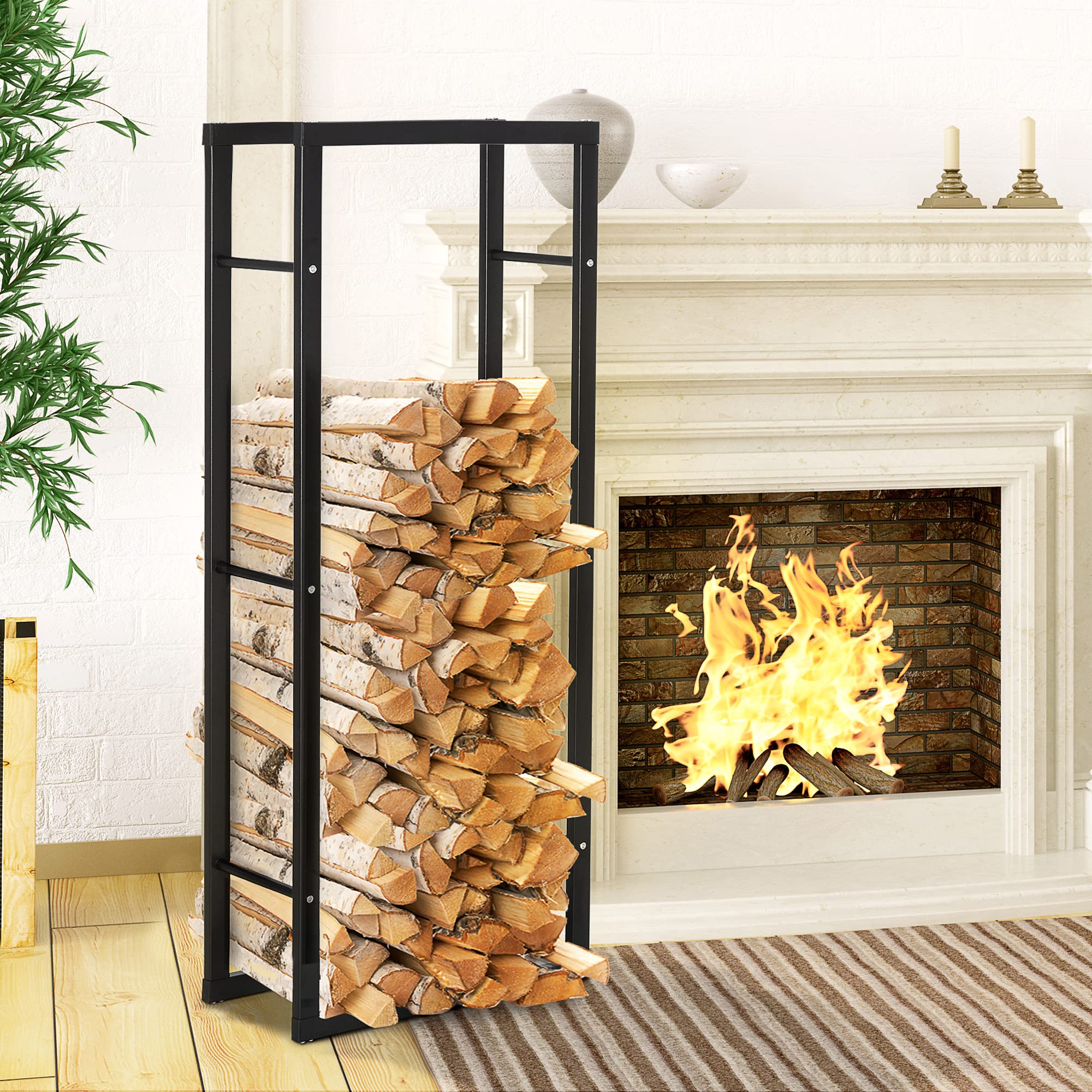 HOMCOM Porta Legna da Interno Verticale con Portata 100 kg max, Legnaia da Esterno e Interno in Metallo, 60x25x150 cm, Nero