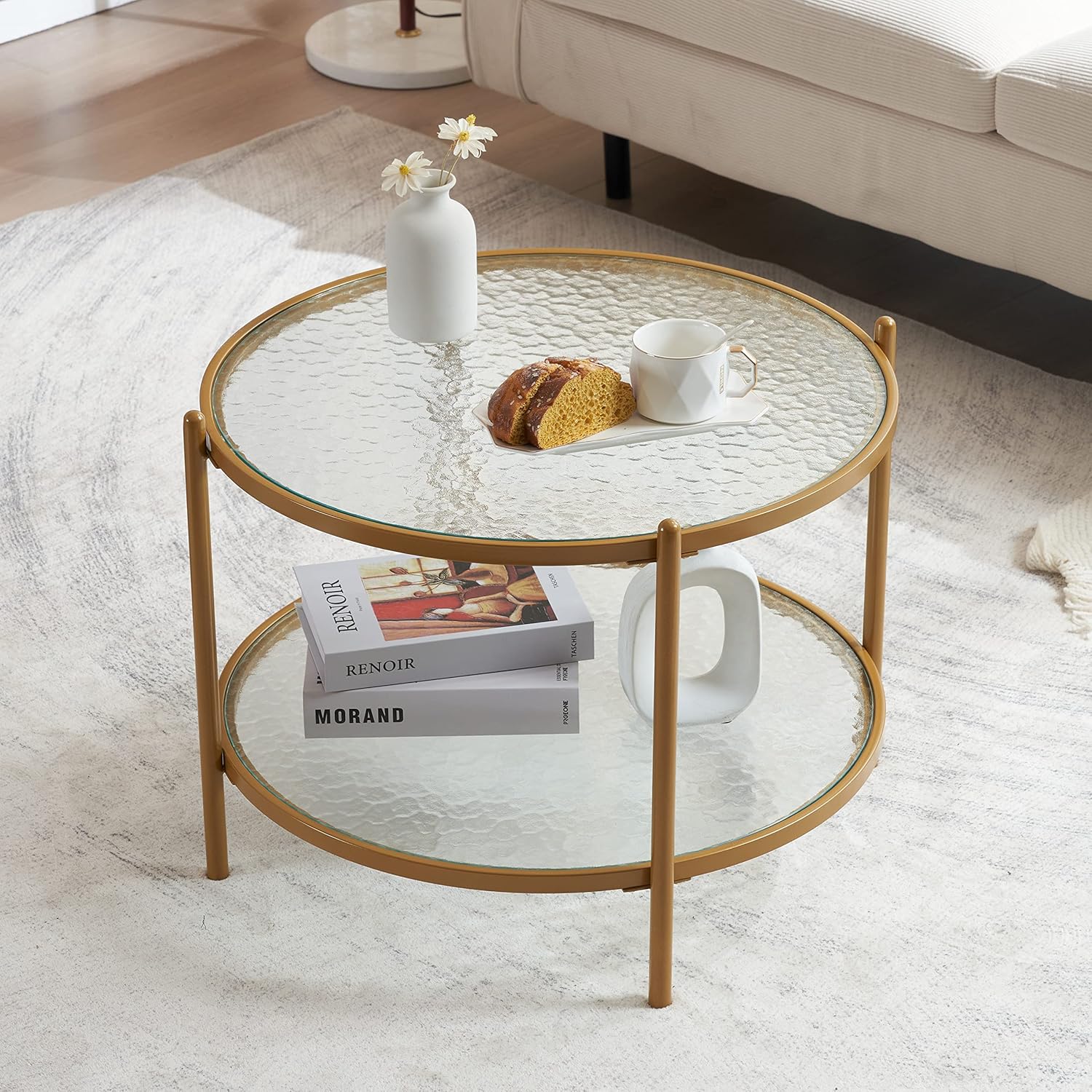 VINGLI 25.6" Small Matte Gold Round Coffee Table WaterWave Glass Circle Clear Coffee Table