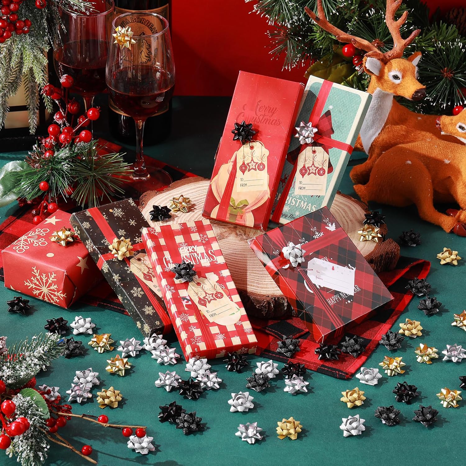 Yilloog 300 Pieces Valentines Day Mini Gift Wrapping Bows 1 Inch Self Adhesive Wrap Present Bow for Small Presents Wrapping Christmas Birthday Holiday Party Decor(Black and Gold) - Image 2