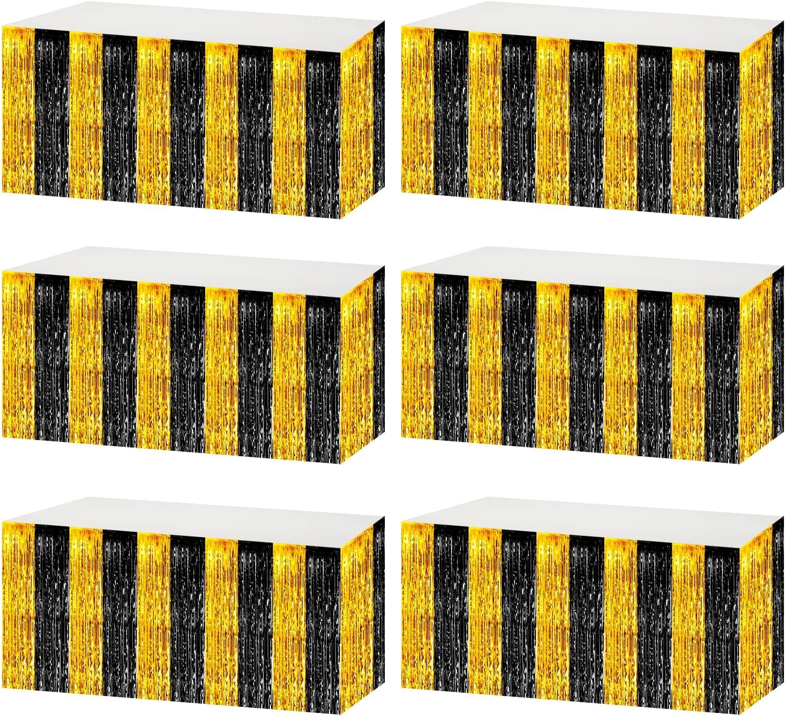 6 Pack 29x108 Inch Black Gold Metallic Foil Fringe Tinsel Table Skirts for Rectangle Tables Streamer Curtains Backdrop for Wedding, Parade Floats, Valentine's Day Birthday Graduation Party Decoration