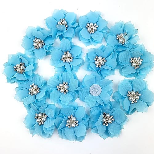 Miniatura 6 de Heyiwell 15 lazos de flores de tela de gasa, cuentas de diamantes de imitación, centro de racimo para bricolaje, clip para el cabello, apliques de