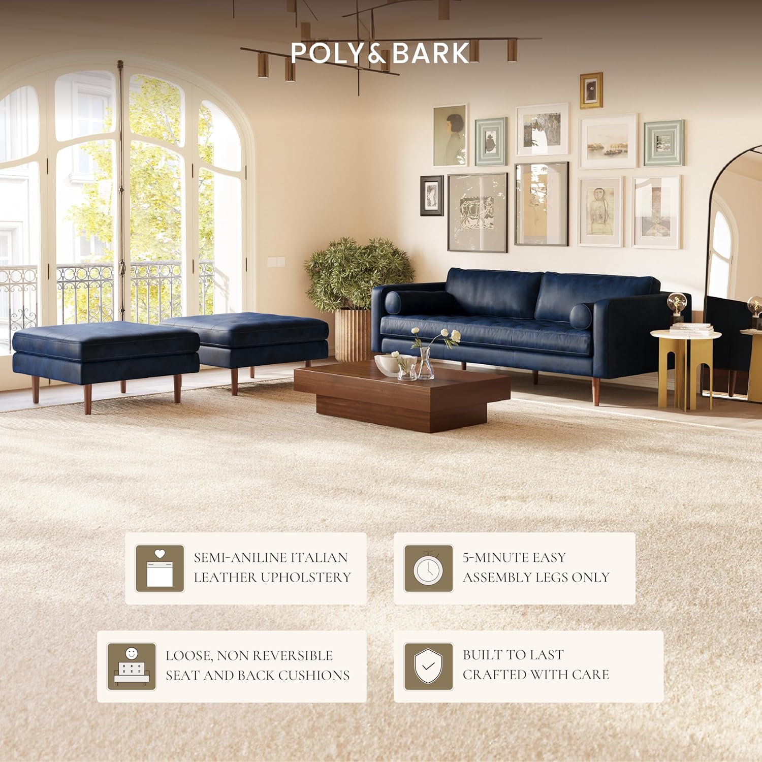 Poly & BARK Napa 88.5" Leather Sofa – Full-Grain Italian-Tanned Aniline Leather, Feather-Down Comfort, Solid Wood Frame, Walnut Legs, Midnight Blue