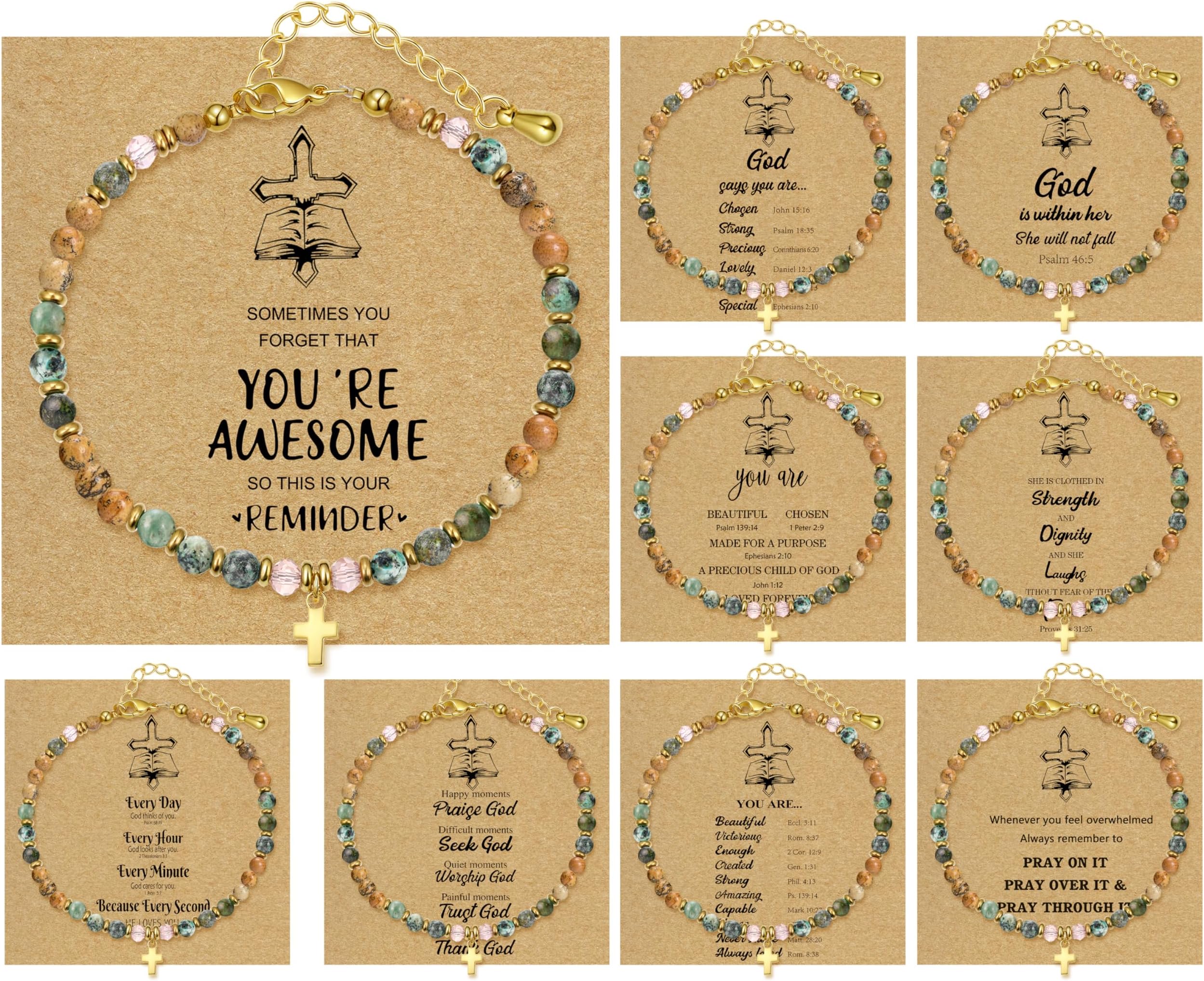 9PCS Cross Bracelets for Women - Christian Inspirational Bracelets Gifts Healing Natural Stone Beaded Bracelets Set Adjustable Confirmation Baptism Easter Gift Bracelets
