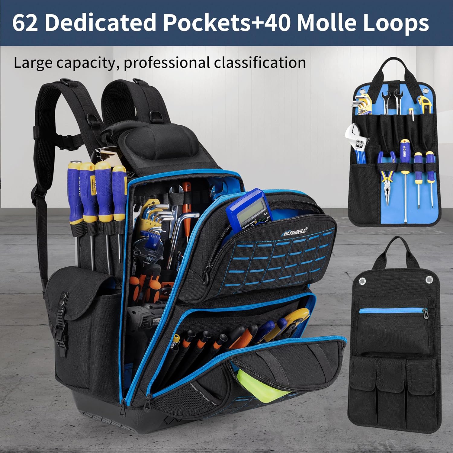 BLISSWILL Tool Bag Backpack for men,Heavy Duty Tool Backpack Bag with Waterproof Molded Base，62 Pockets/40 Loops Heavy Duty Tools Organizer Bags/Electrician/Industrial/Construction Work Backpack