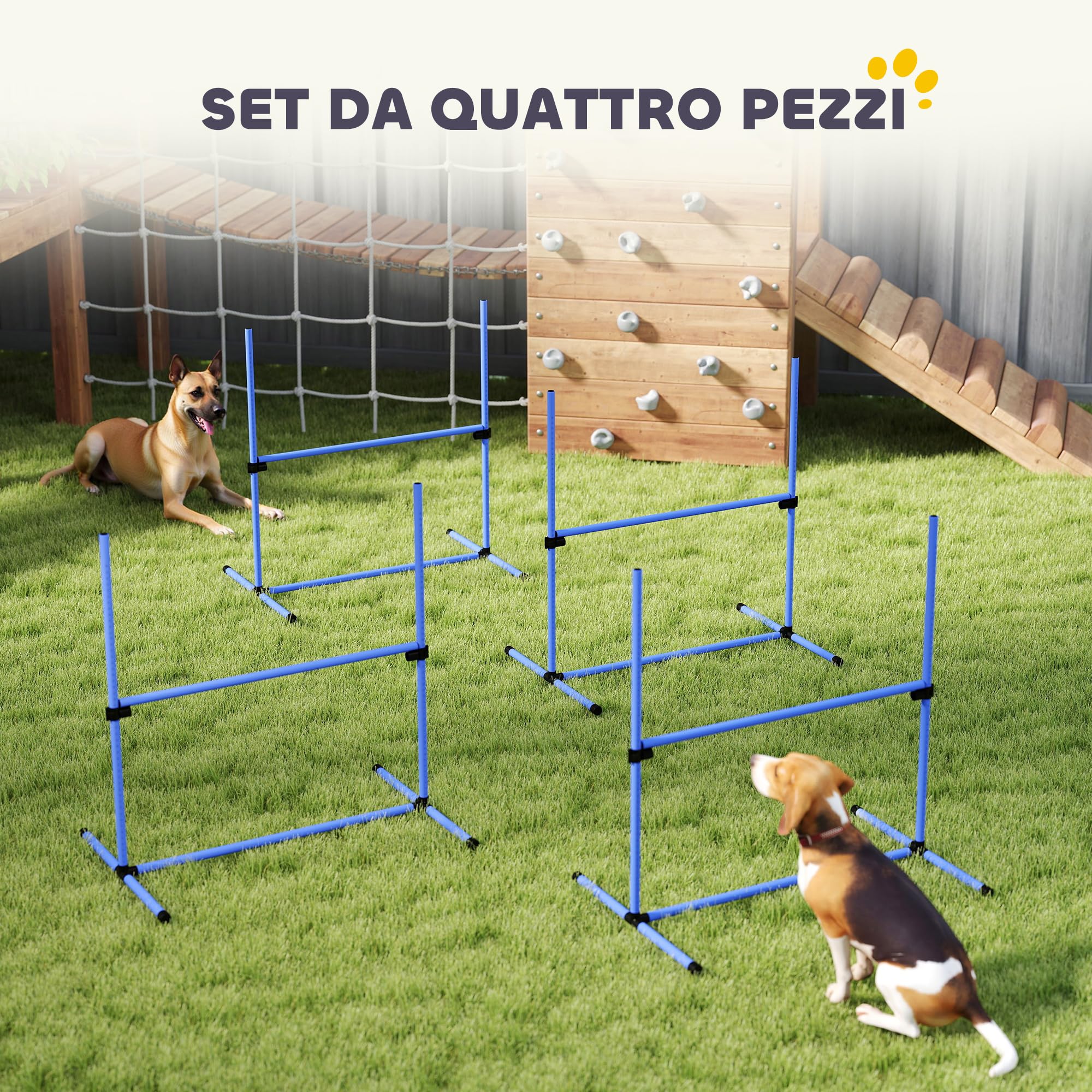 PawHut Set 4 Ostacoli Agility Dog Altezza Regolabile 99x65x94cm Blu con Borsa