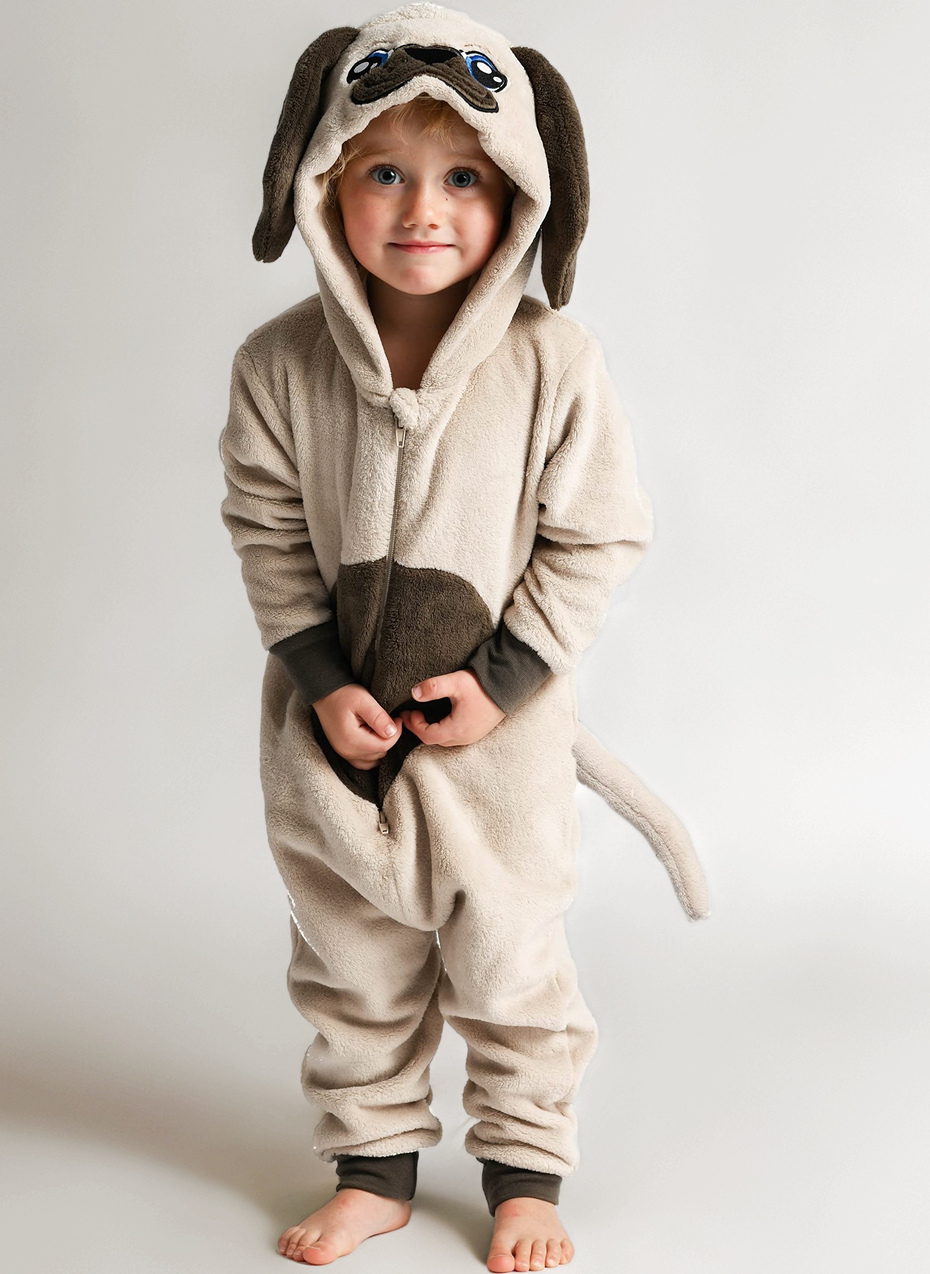 Onesie Pyjamas for Boys or Girls Fluffy Pug Dog with Tail -Animal AllinOnes in Kids Ages 2-13 Years