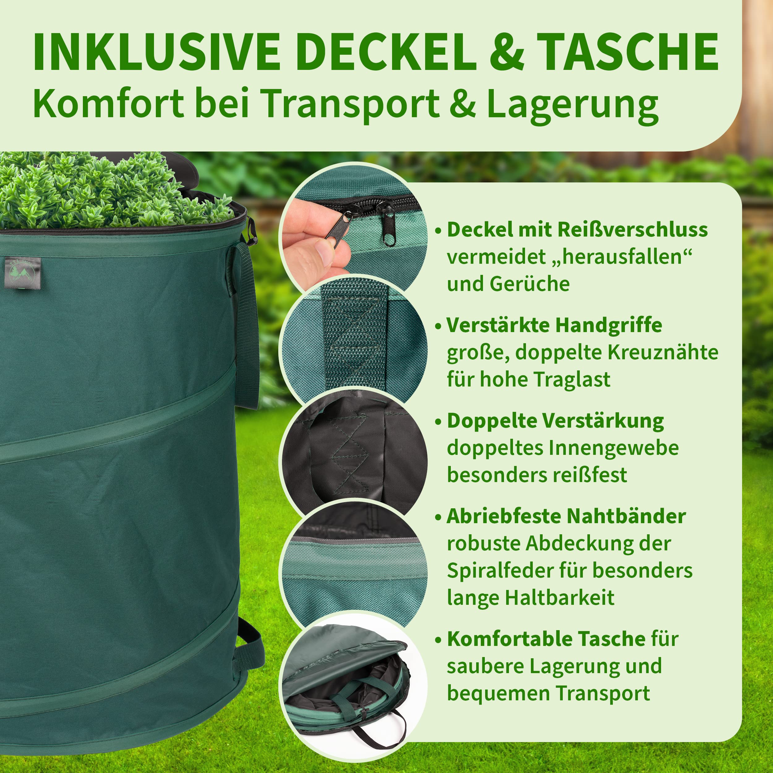 TTL GARDEN 3x 160L Pop Up Gartensack Deluxe mit Deckel - 220gsm 600D Oxford 3er Set 160 Liter Gartenabfallsack faltbar extra stabil - Laubsack Sack & Behälter für Grünschnitt Garten Abfall